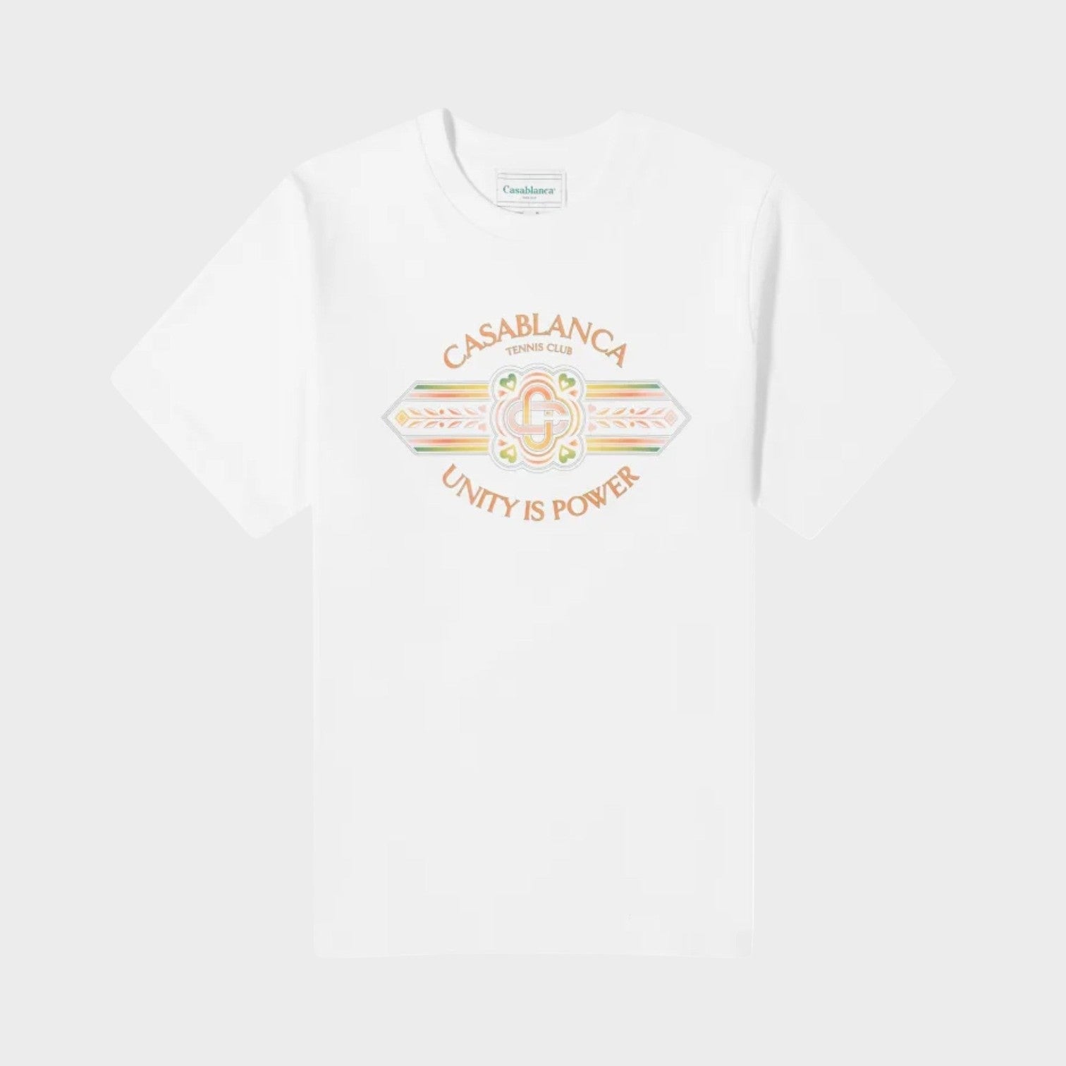 Supplied Fashion Casablanca white cotton t-shirt featuring a colourful Unity Is Power graphic print on the chest.
