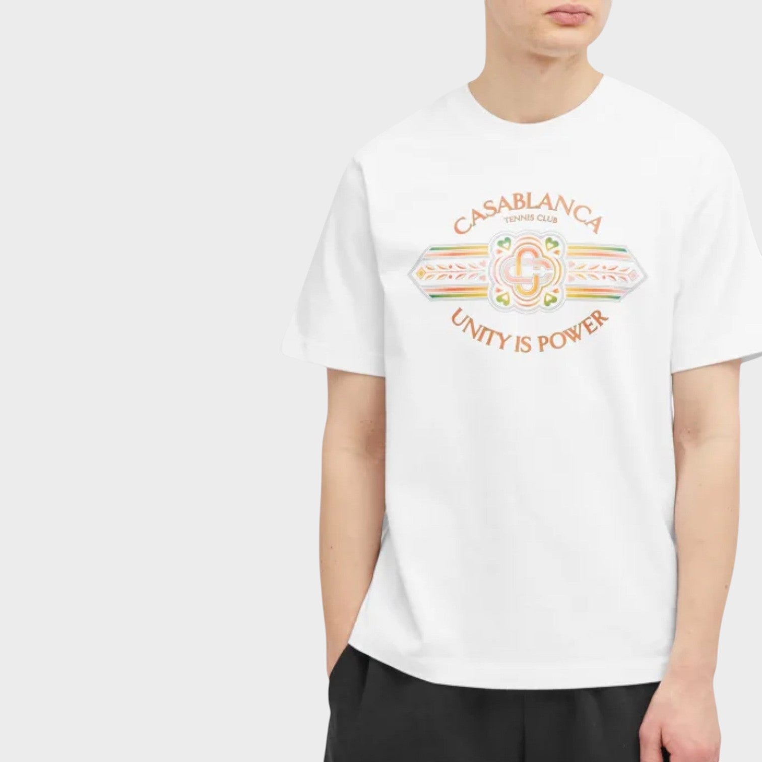Supplied Fashion Casablanca white cotton t-shirt featuring a colourful Unity Is Power graphic print on the chest