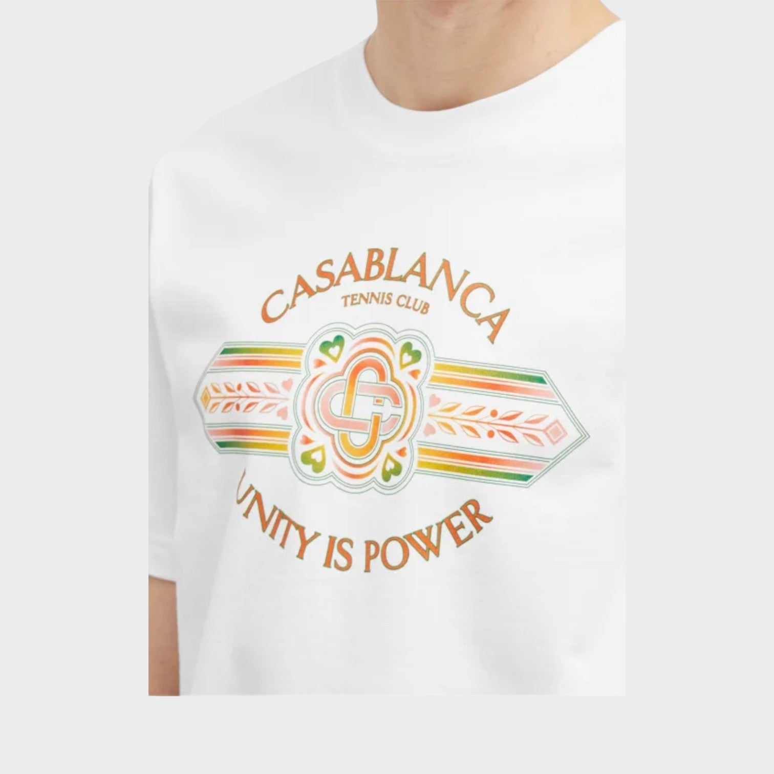Supplied Fashion Casablanca white cotton t-shirt featuring a colourful Unity Is Power graphic print on the chest