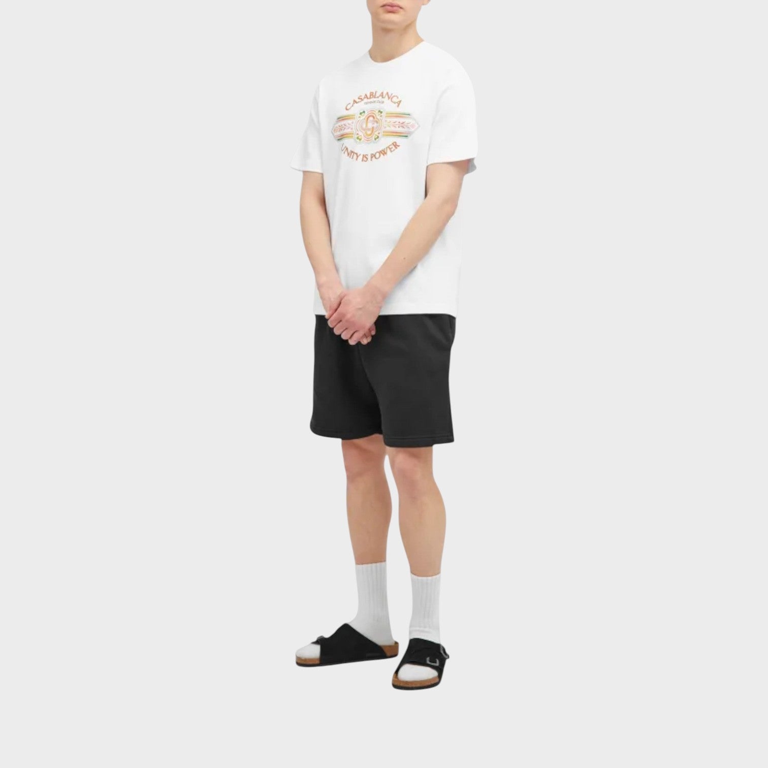 Supplied Fashion Casablanca white cotton t-shirt featuring Unity Is Power graphic print on a model