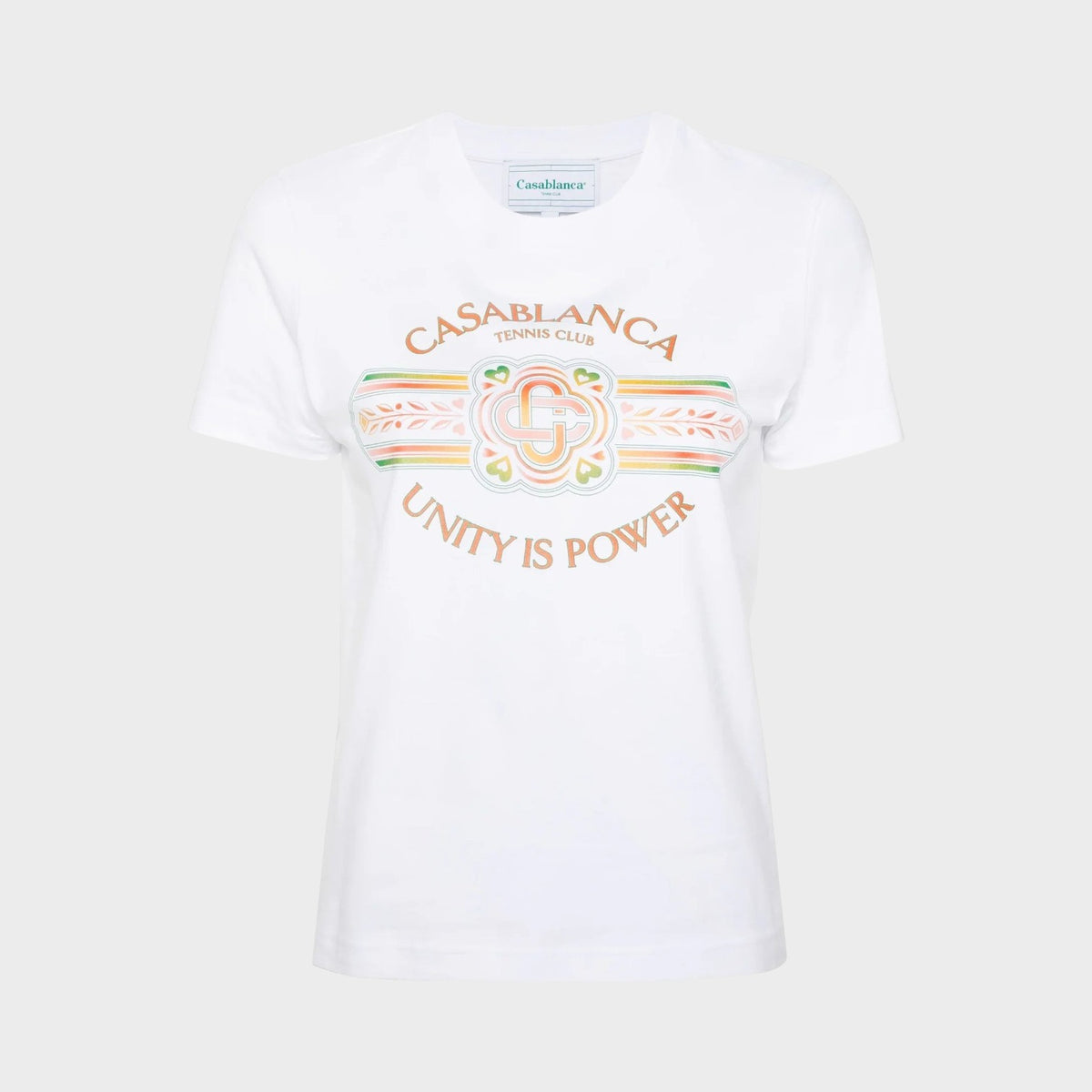 Supplied Fashion Casablanca white fitted cotton t-shirt featuring a colourful Unity Is Power graphic print