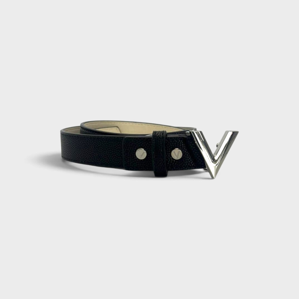 Supplied Fashion Mario Valentino Divina black leather belt featuring a silver V logo buckle and embossed texture.