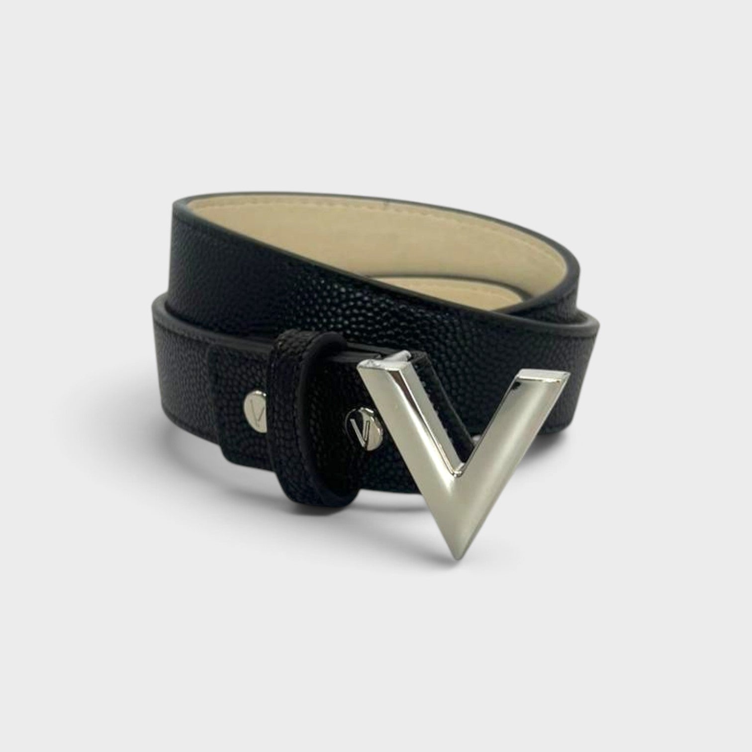 Supplied Fashion Mario Valentino Divina black leather belt with a silver V logo buckle and textured finish.