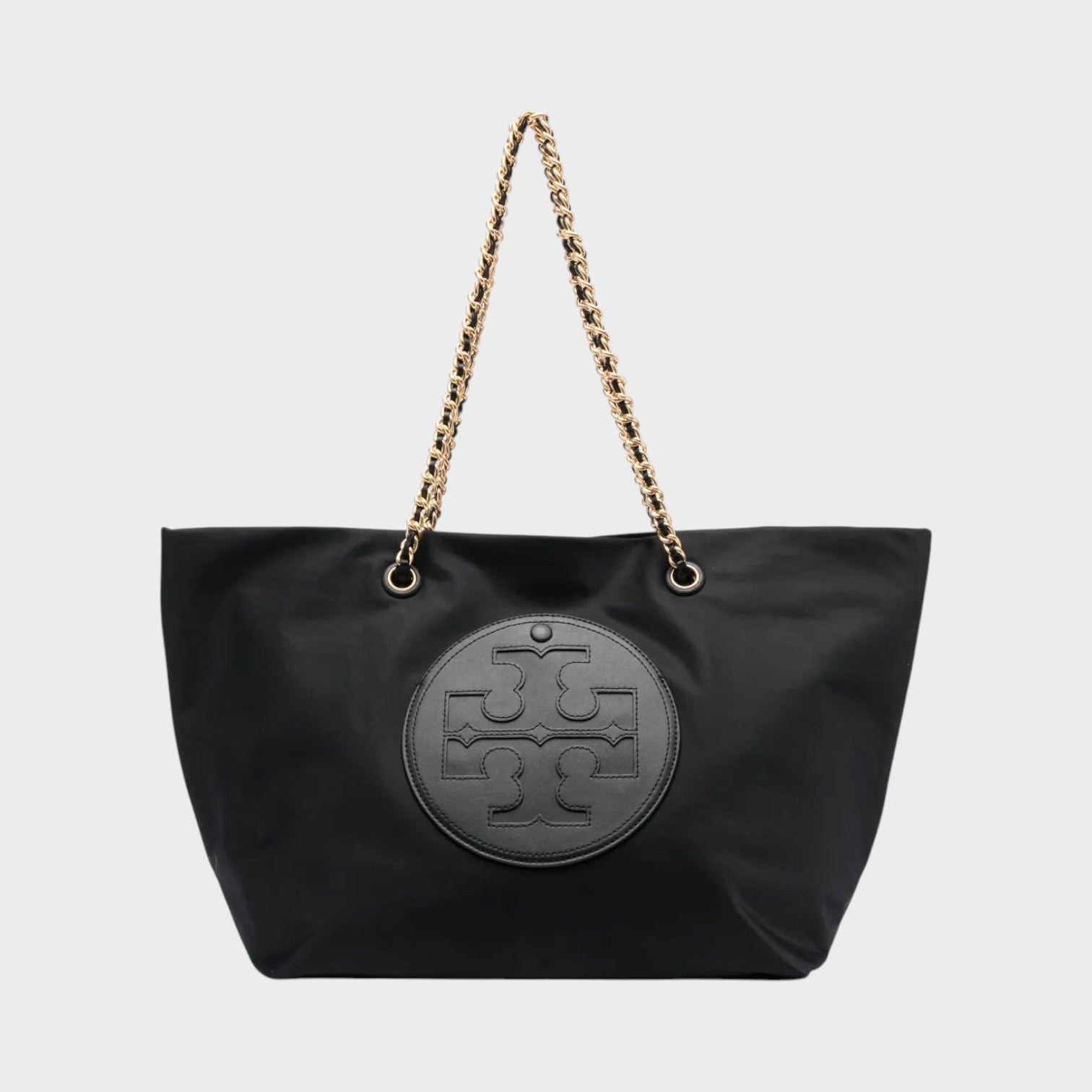 Supplied Fashion Ella black nylon tote bag with signature logo patch and gold-tone chain shoulder straps