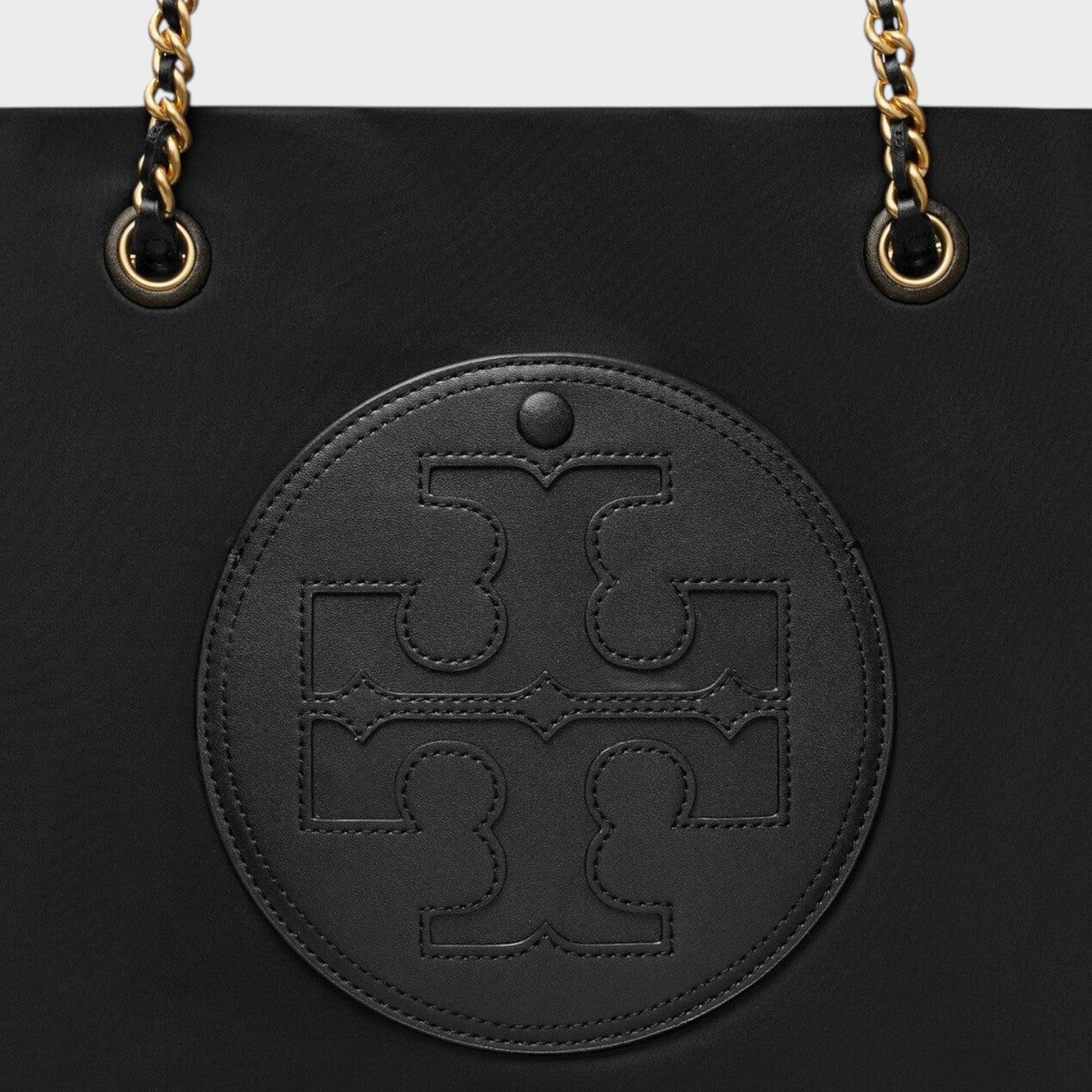 Supplied Fashion Ella black tote bag with gold chain straps and embossed logo patch