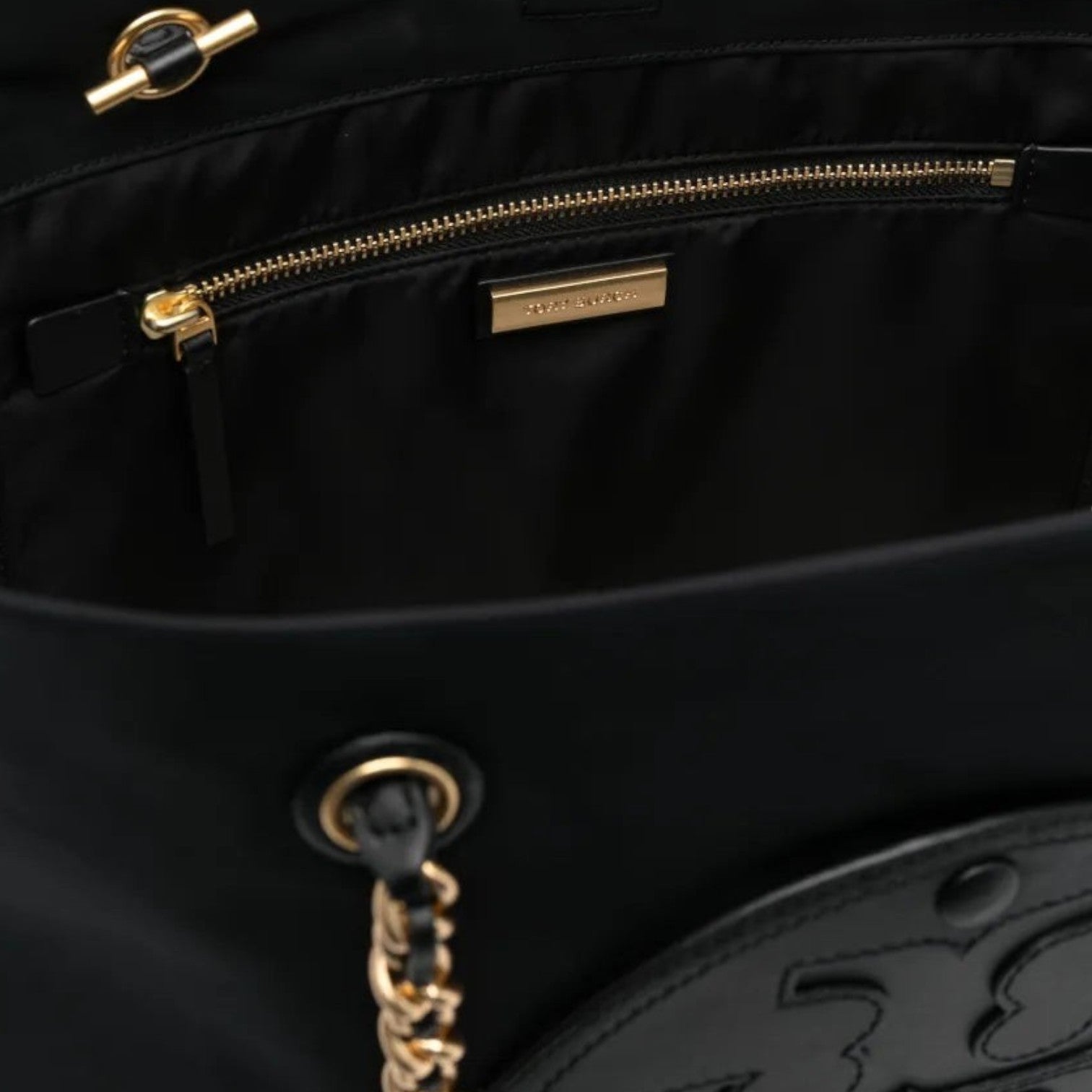 Supplied Fashion Tory Burch Ella black nylon tote bag interior with gold chain strap and logo plaque detail