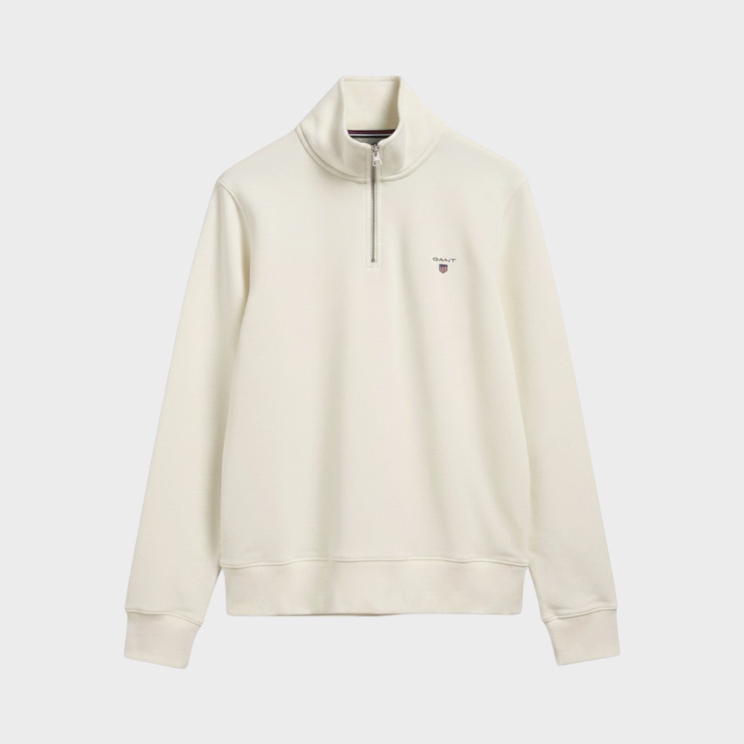 Supplied Fashion GANT cream half-zip sweater in soft cotton blend with ribbed cuffs and embroidered chest logo