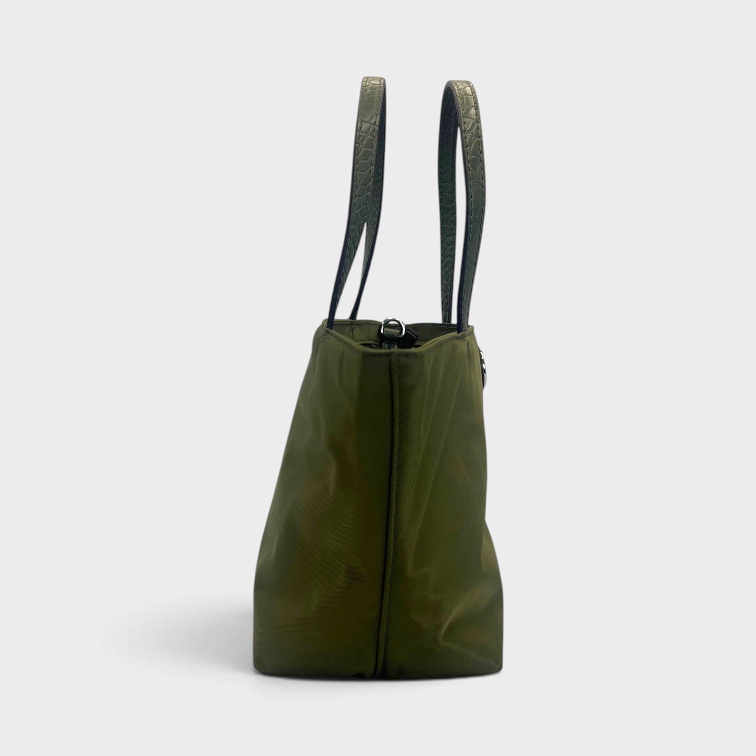 Supplied Fashion green khaki nylon mini tote bag with textured handles, side profile view.