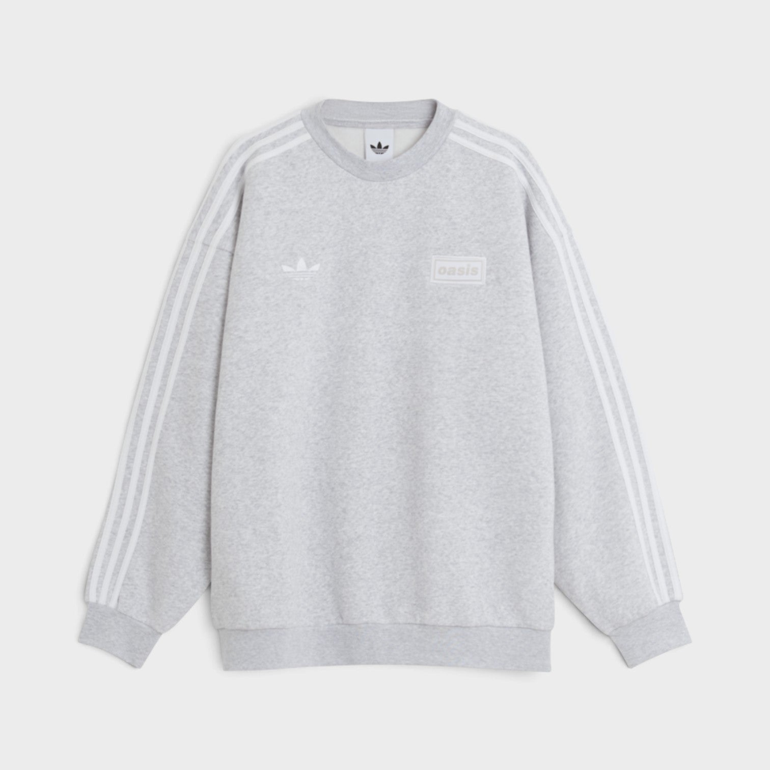 Supplied Fashion grey oversized adidas crew sweatshirt with Oasis tour branding and signature three-stripe sleeves.