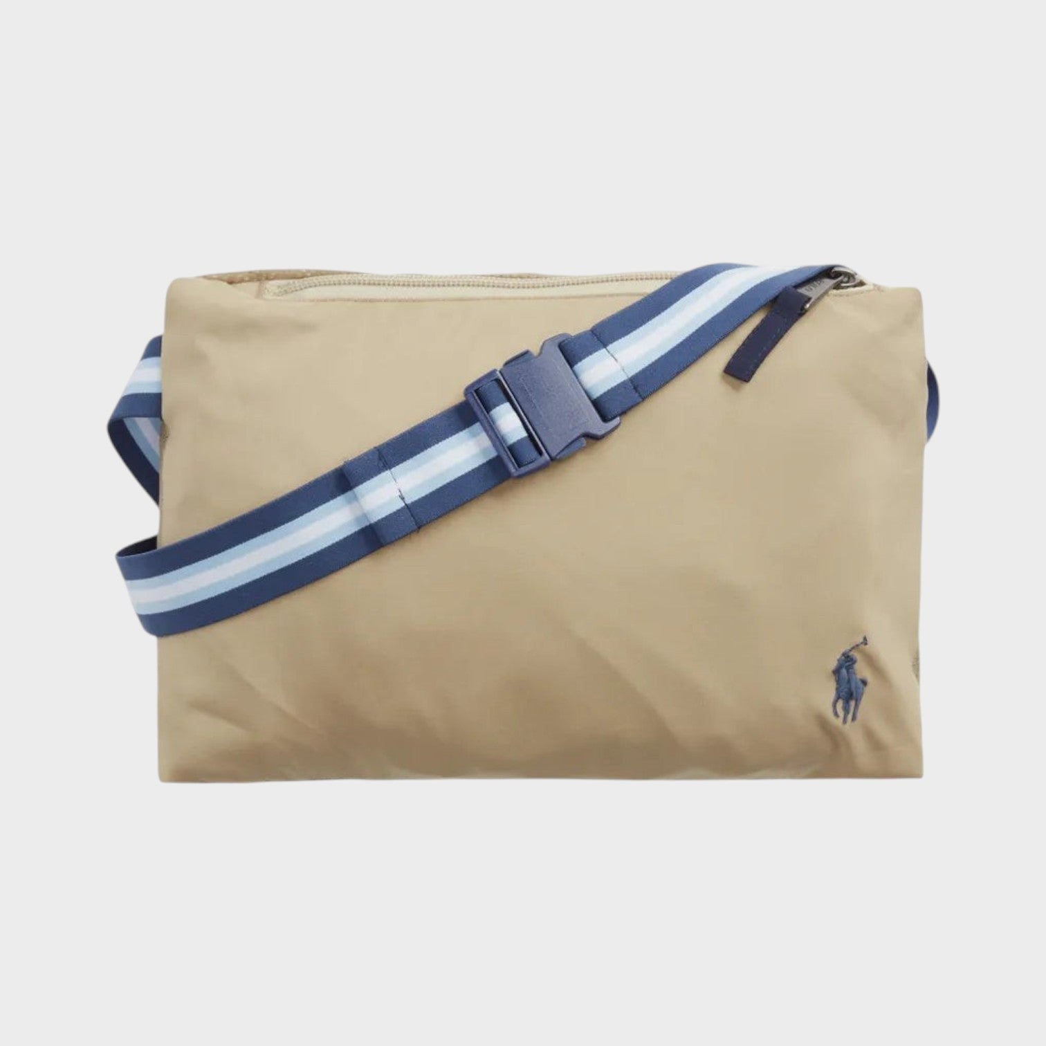 Supplied Fashion khaki Ralph Lauren crossbody bag with a blue and white striped adjustable strap and logo embroidery