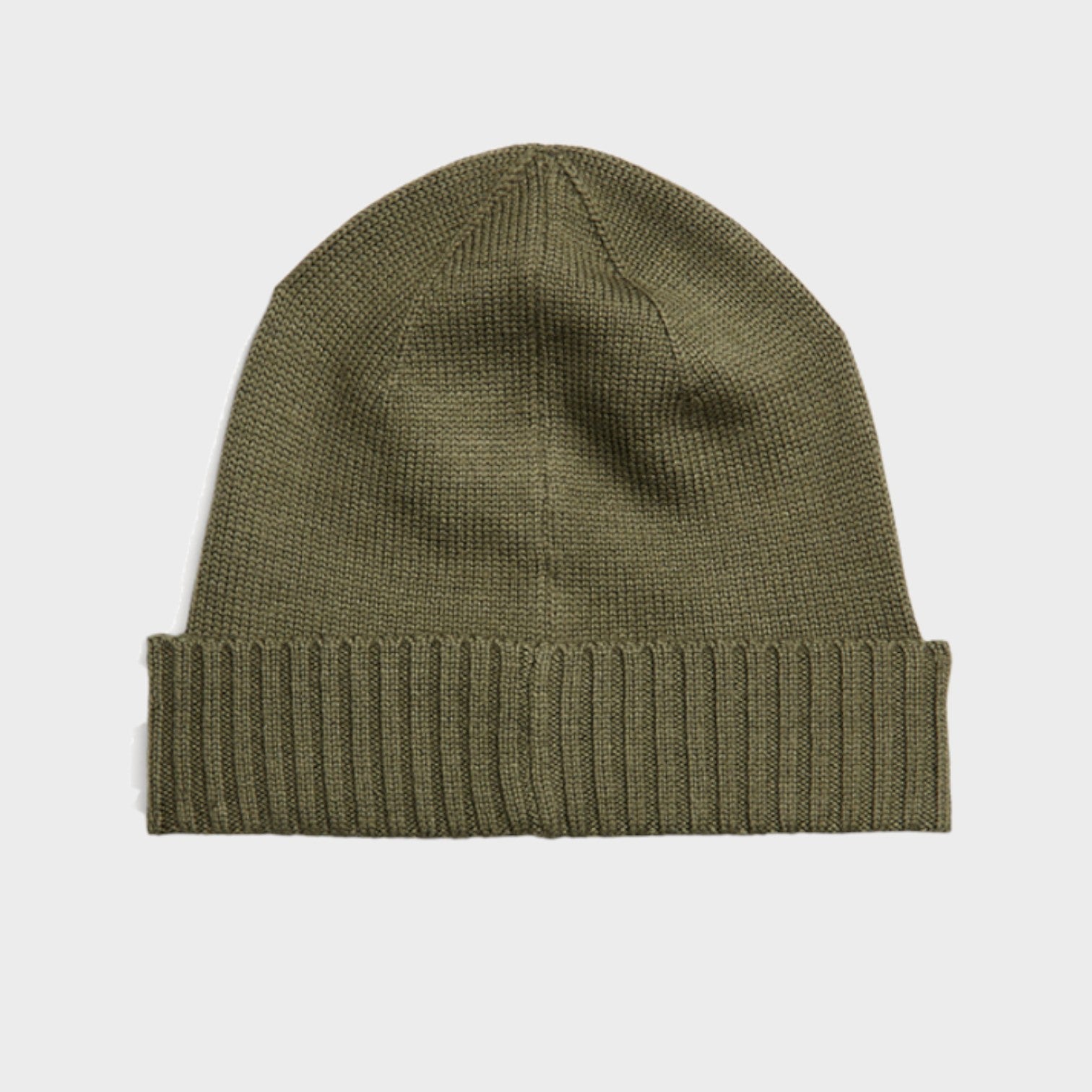 Supplied Fashion khaki green wool beanie with a ribbed cuff and embroidered logo detail for winter wear.