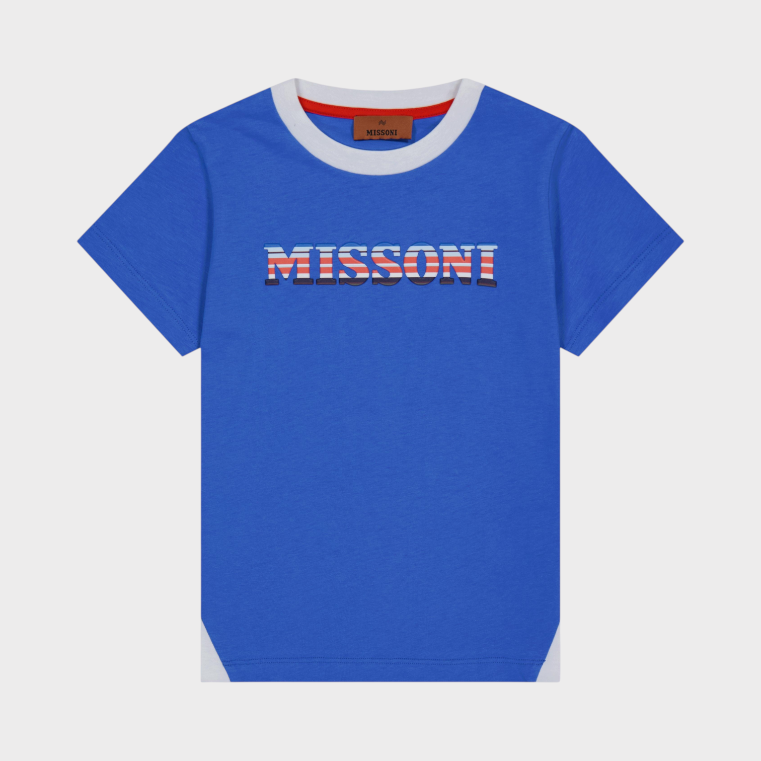 Supplied Fashion kids blue t-shirt with Missoni logo, featuring white crew neck and signature geometric pattern.