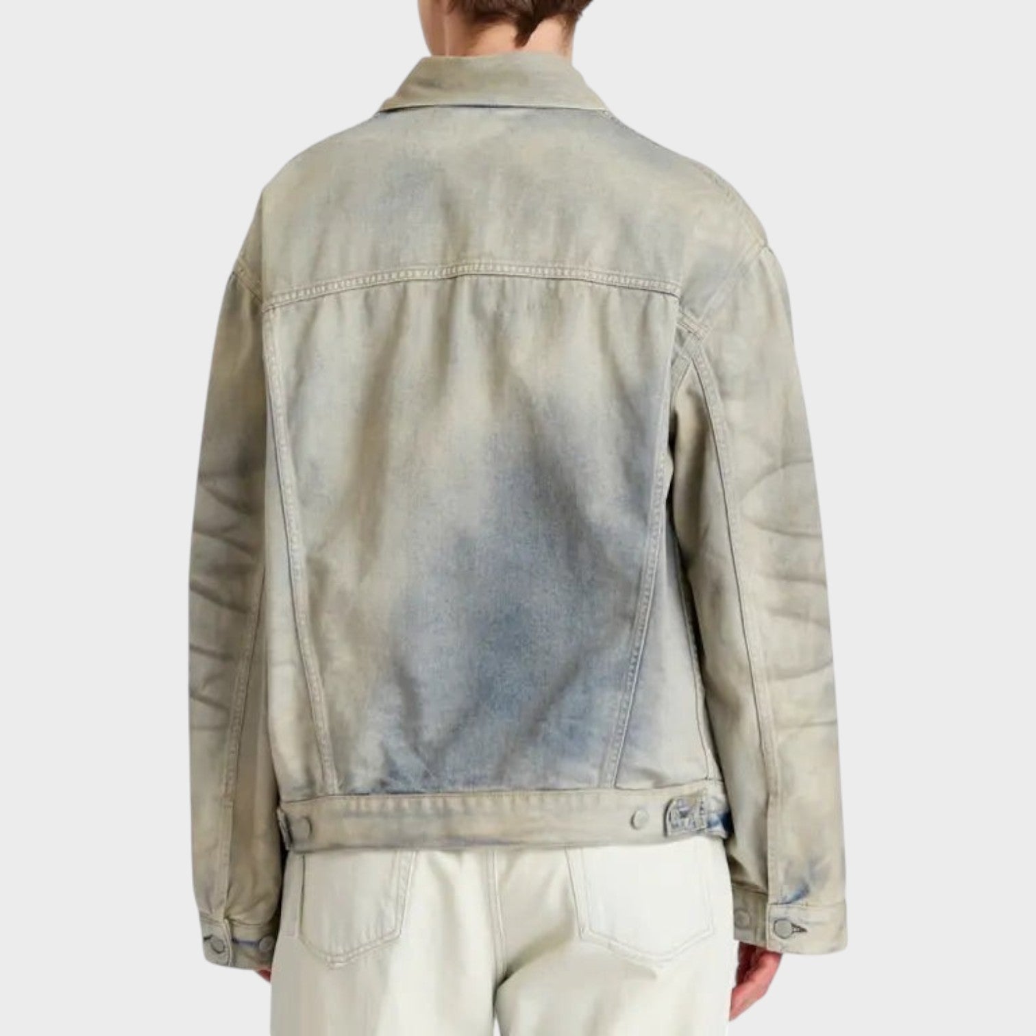 Back view of a Supplied Fashion Robert U Carver light blue denim trucker jacket with a structured vintage wash fit.