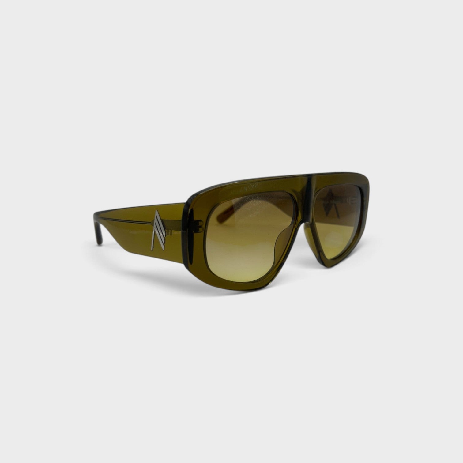 Supplied Fashion Linda Farrow Milano oversized olive sunglasses with architectural frames and metallic side detail.