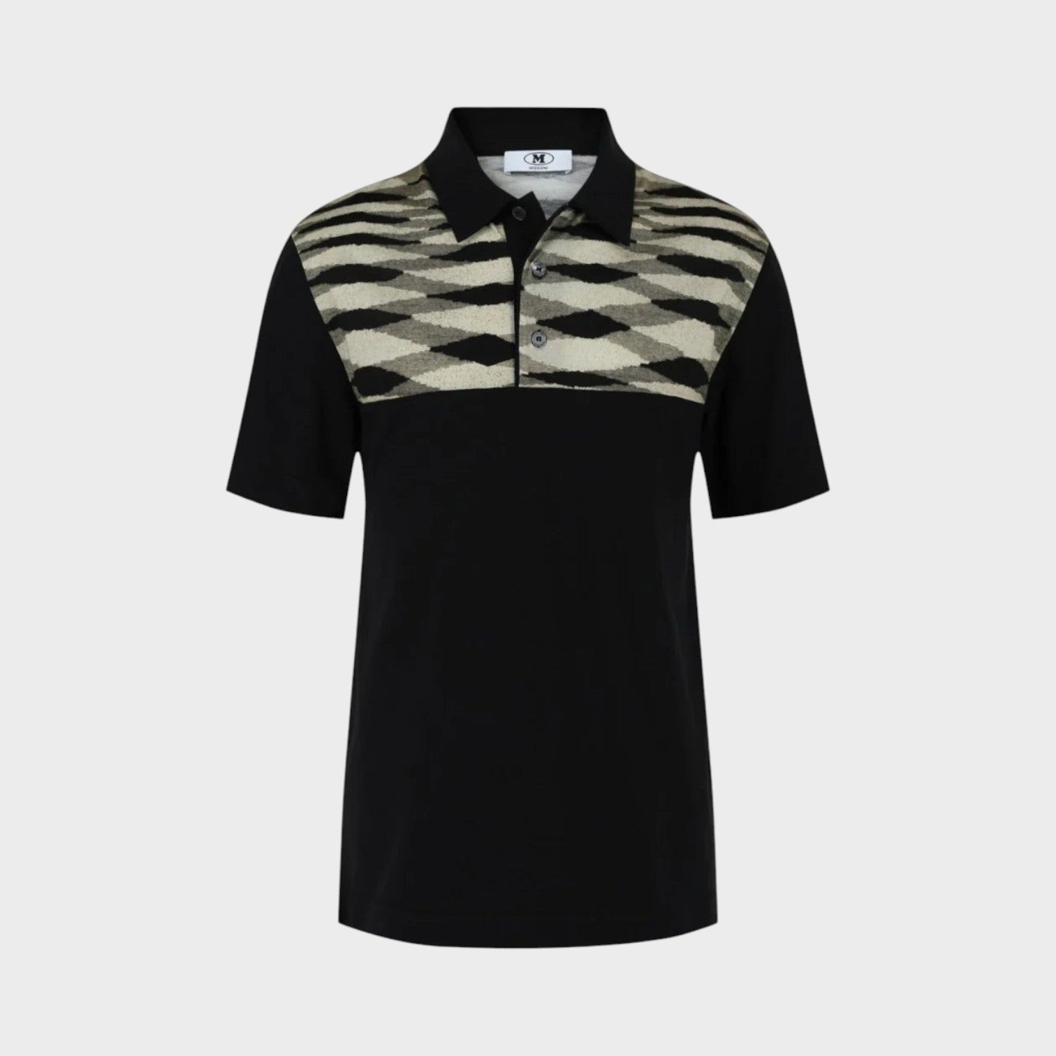 Supplied Fashion Missoni black polo shirt with a contrasting geometric patterned chest panel and classic collar.