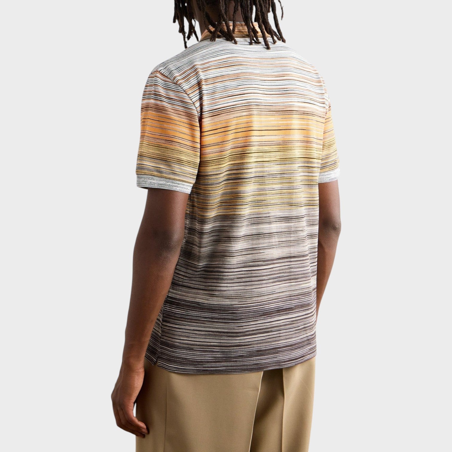 Supplied Fashion Missoni space-dyed cotton piqué polo shirt with horizontal multi-coloured stripes, back view.