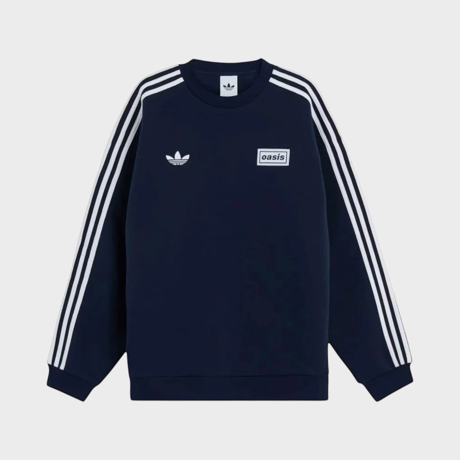 Supplied Fashion navy blue oversized crewneck sweatshirt with white adidas three-stripe sleeves and Oasis tour logo.