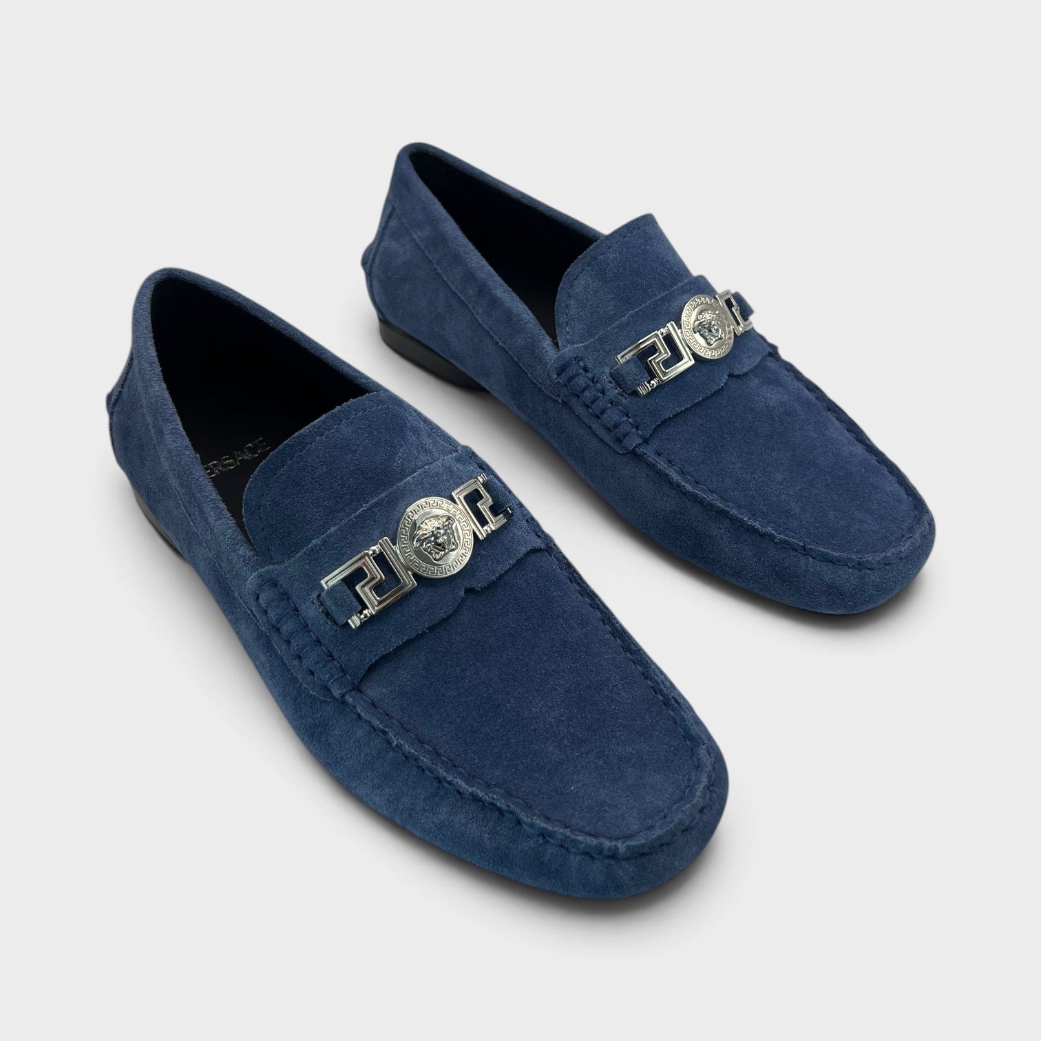 Supplied Fashion Versace Medusa Greca navy suede driver loafers with silver metal hardware detailing