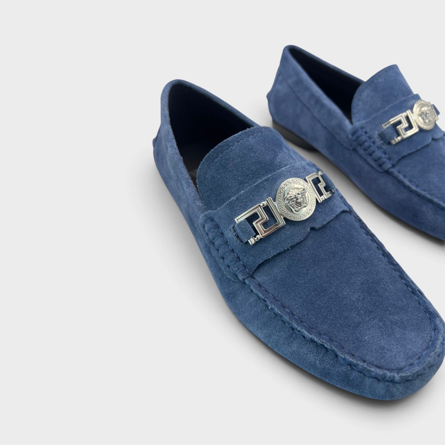 Supplied Fashion navy suede Medusa Greca driver loafers with silver signature hardware detailing