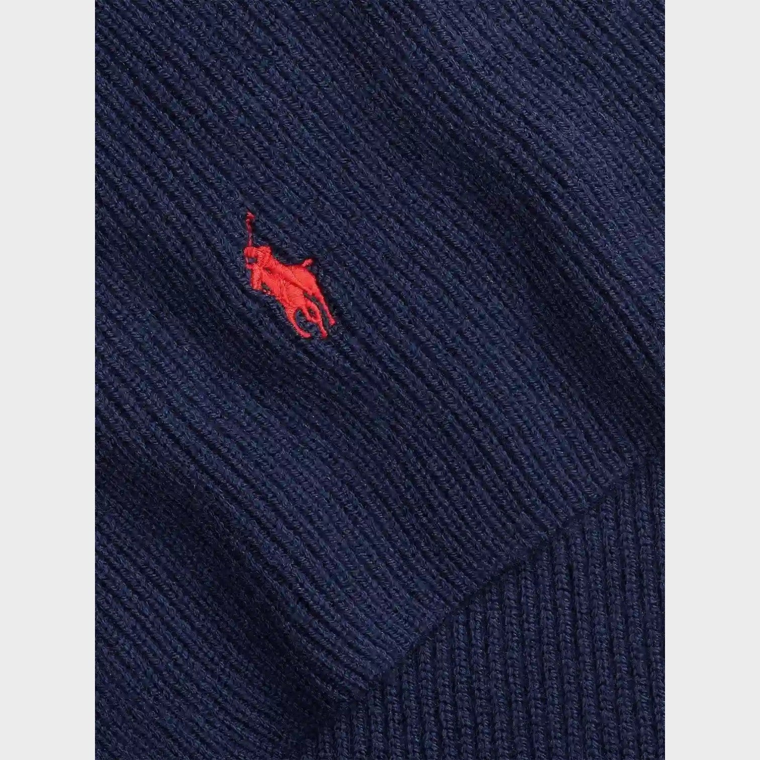 Supplied Fashion navy blue wool scarf with a ribbed texture and a small red embroidered pony logo detail.