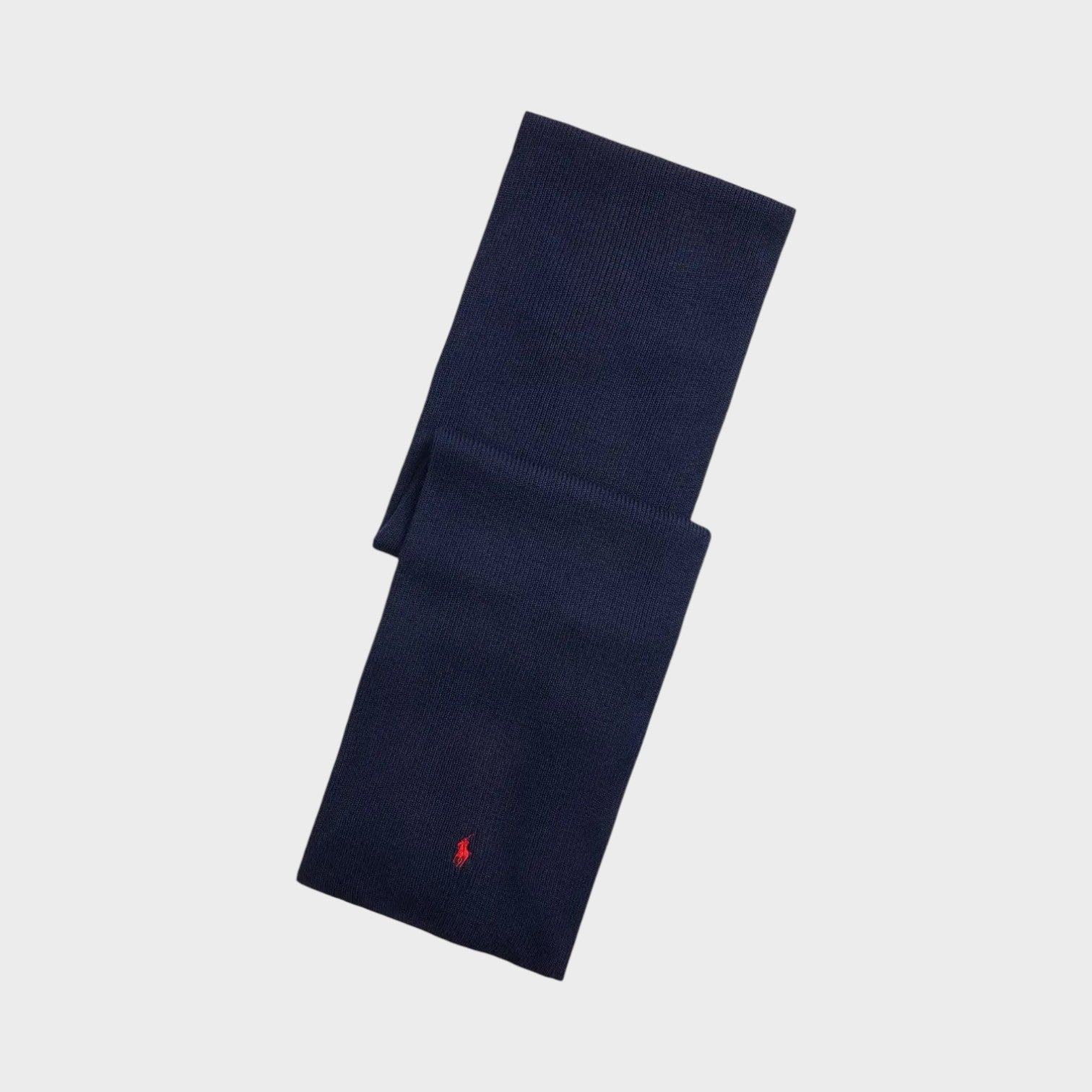 Supplied Fashion navy blue wool scarf with an embroidered red pony logo, featuring a soft knit texture.