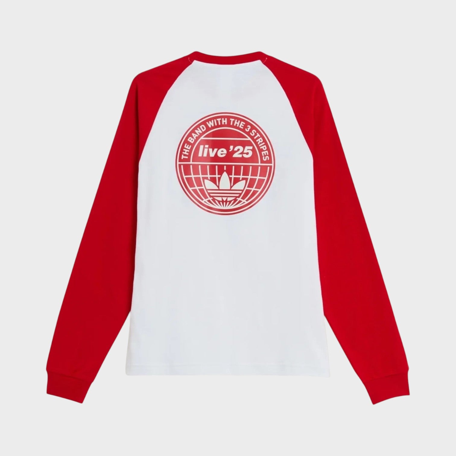 Supplied Fashion Oasis Tour long-sleeve tee in white with red raglan sleeves and a circular graphic print on the back.