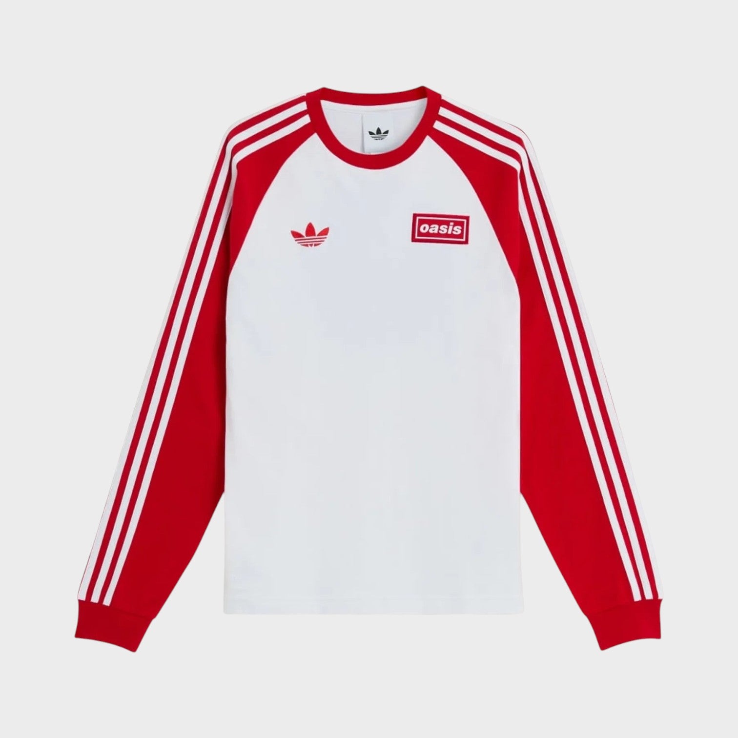 Supplied Fashion white and red Oasis Tour long-sleeve tee with adidas 3-Stripes and trefoil logo