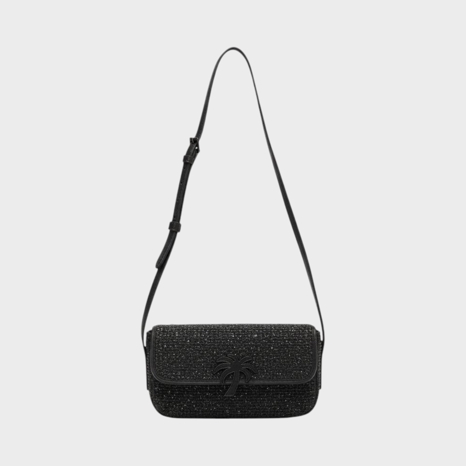 Supplied Fashion Palm Angels black textured phone bag with a signature palm tree logo and adjustable shoulder strap.