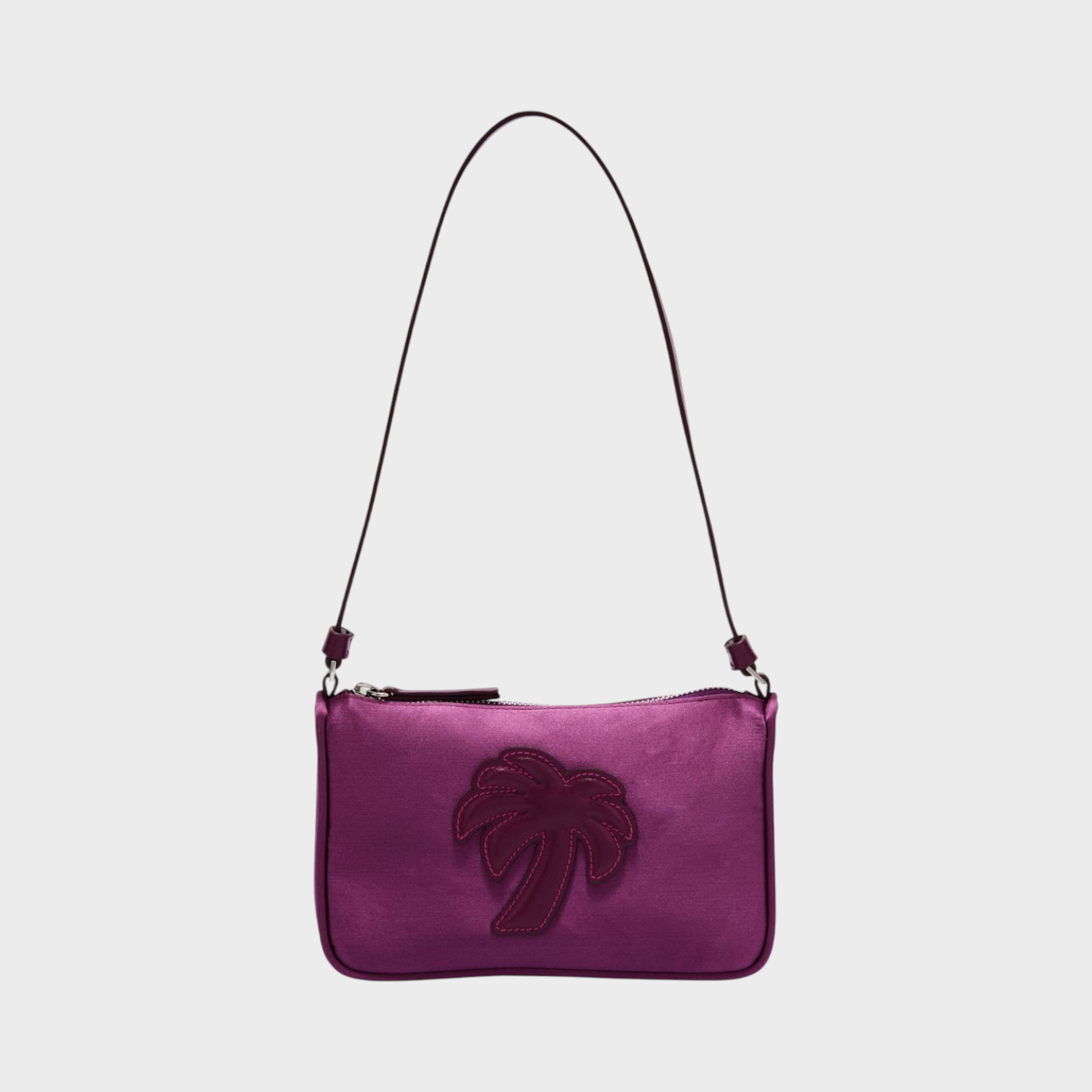 Supplied Fashion Palm Angels violet purple satin shoulder bag with tonal palm emblem and adjustable strap