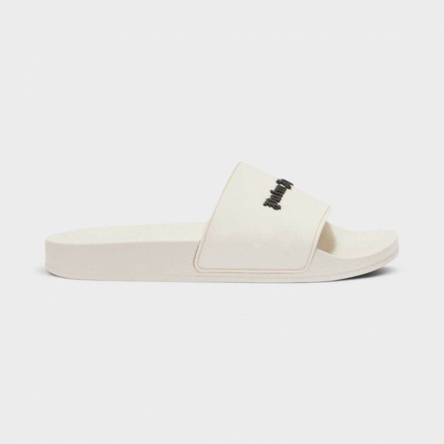 Supplied Fashion white Palm Angels pool sliders with black embroidered logo on the strap and open toe design