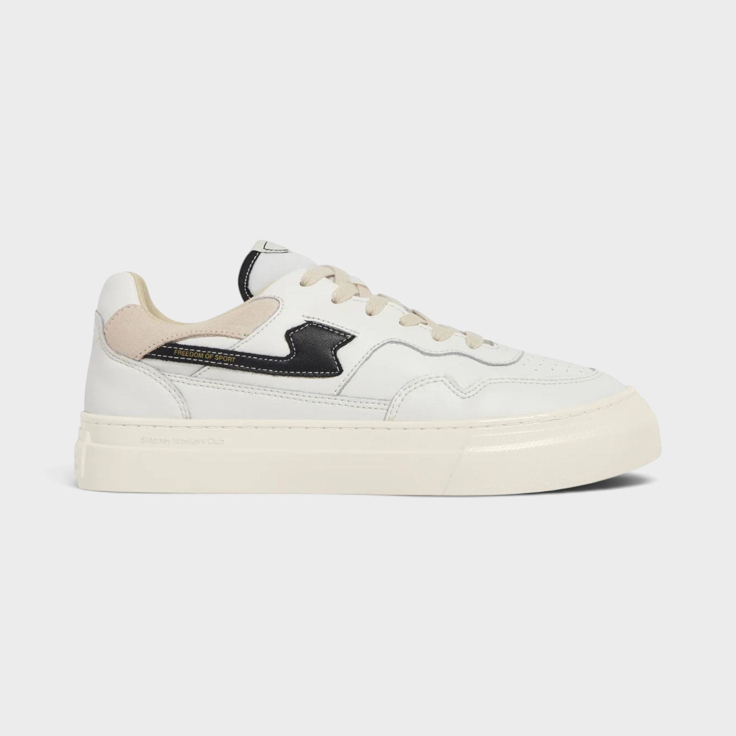 Supplied Fashion Pearl S-Strike leather sneaker in white and black with a minimalist design and rubber sole