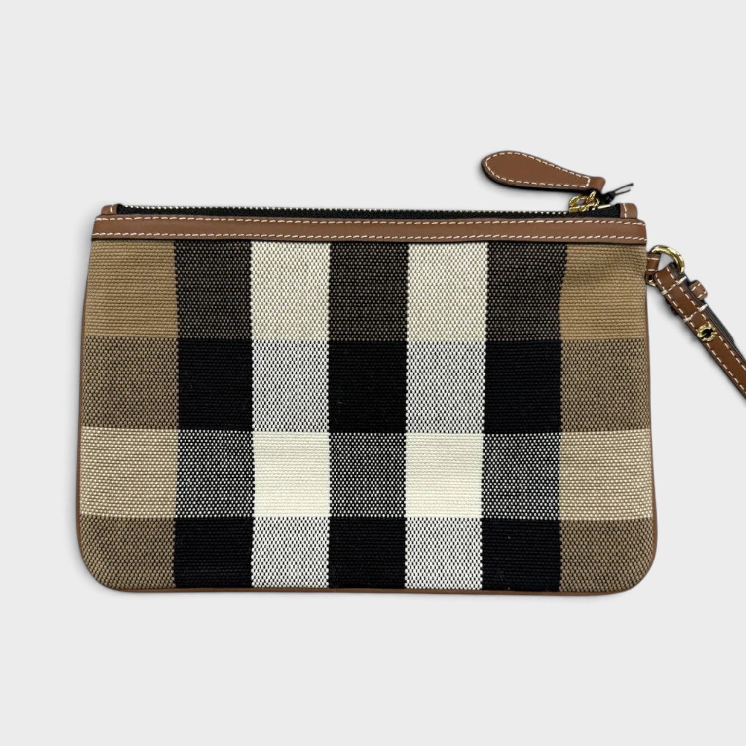 Supplied Fashion Peyton wristlet in taupe brown and black check pattern with a secure leather wrist strap