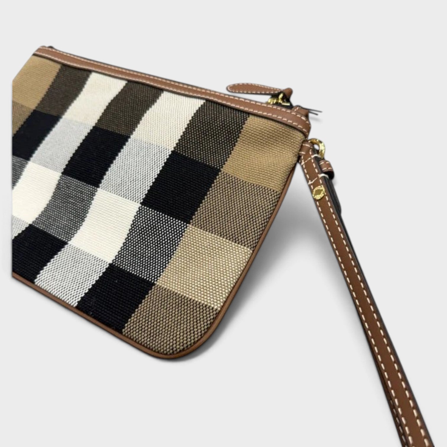 Supplied Fashion Peyton wristlet in taupe brown check pattern with leather trim and secure wrist strap