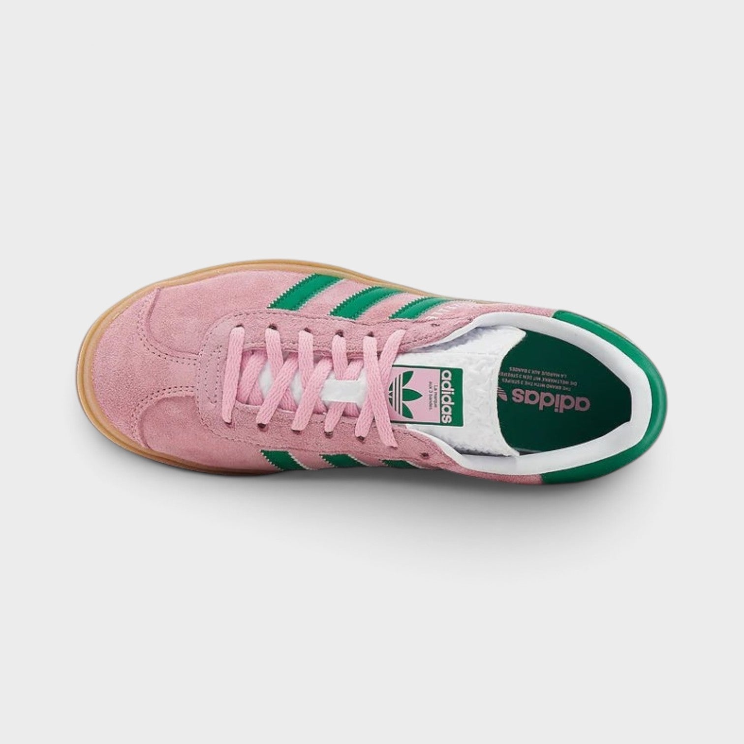 Supplied Fashion adidas Originals Gazelle Bold sneakers in true pink suede with green stripes and gum sole