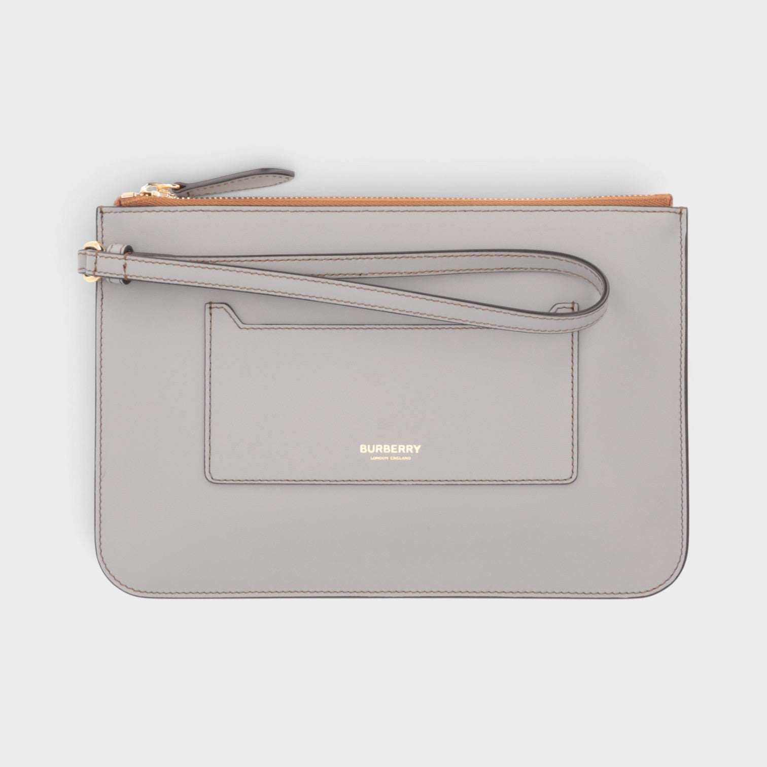 Supplied Fashion Pochette Peyton wristlet clutch bag in cloud grey with gold zipper and front pocket detail