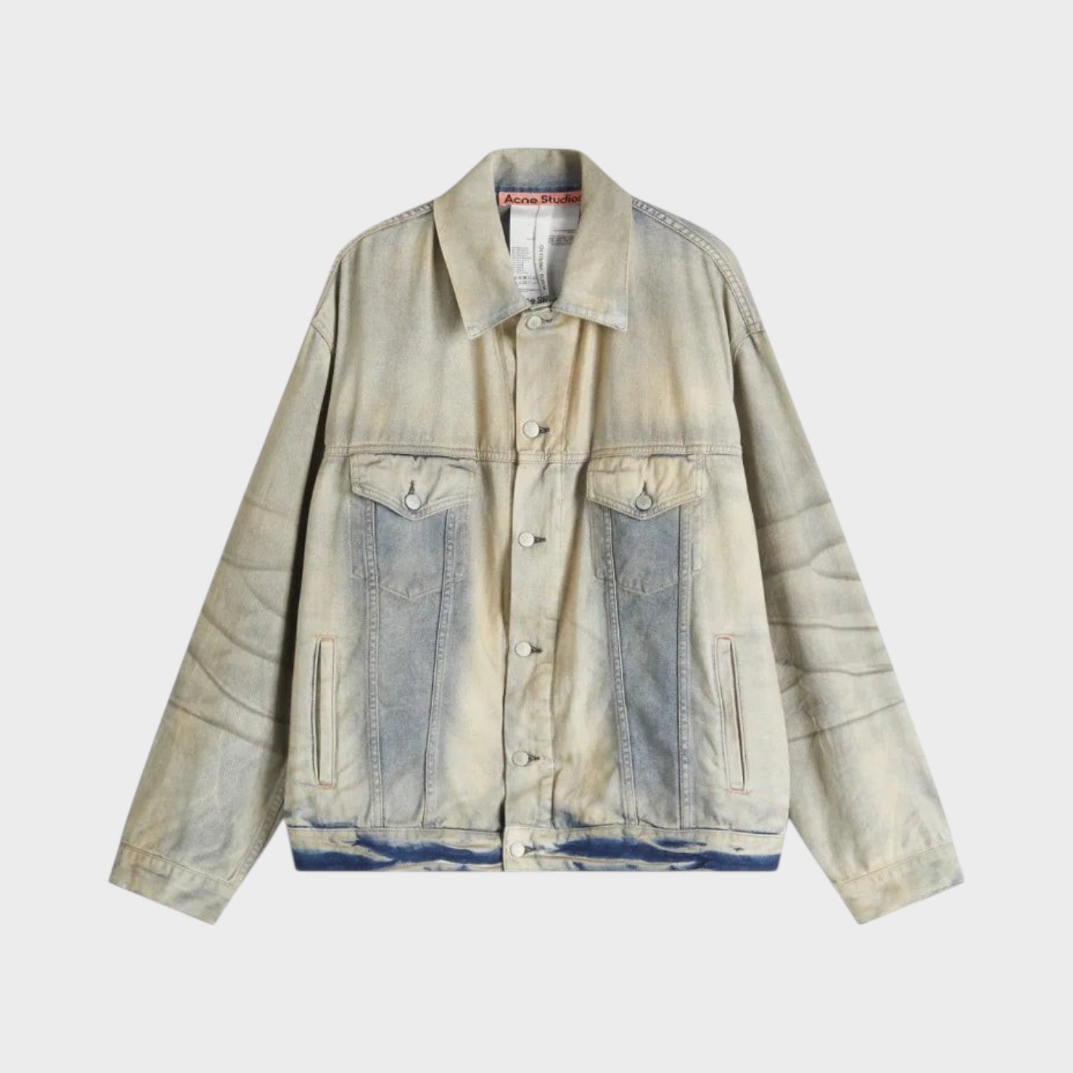 Supplied Fashion Robert U Carver light blue denim trucker jacket with vintage wash and button front closure.