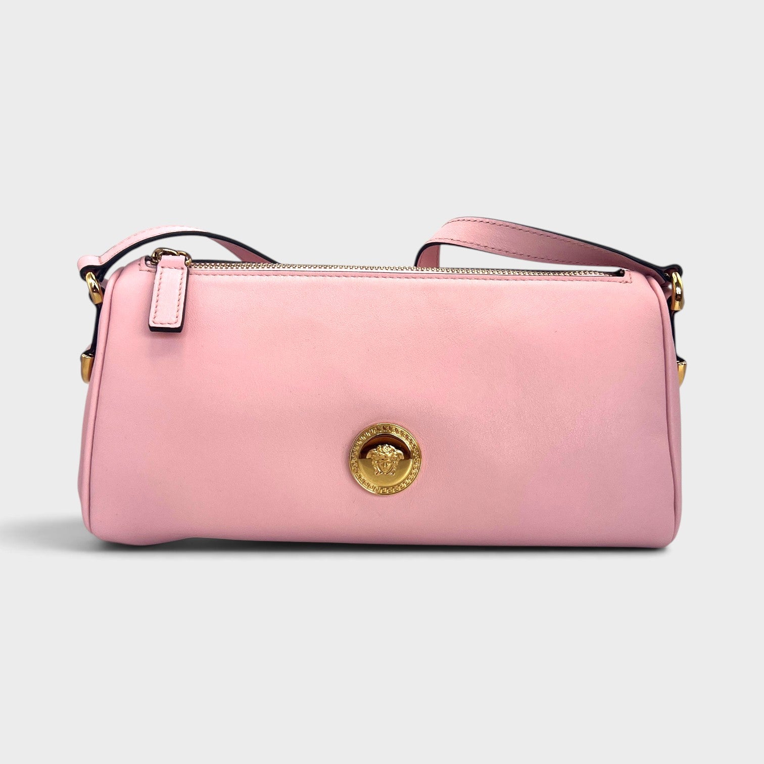 Supplied Fashion rose pink Versace Medusa crossbody bag with gold hardware and adjustable strap