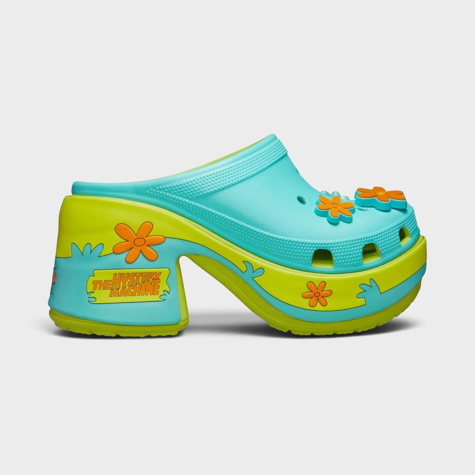 Supplied Fashion Scooby-Doo Siren platform clogs in lime punch and teal with Mystery Machine flower charms