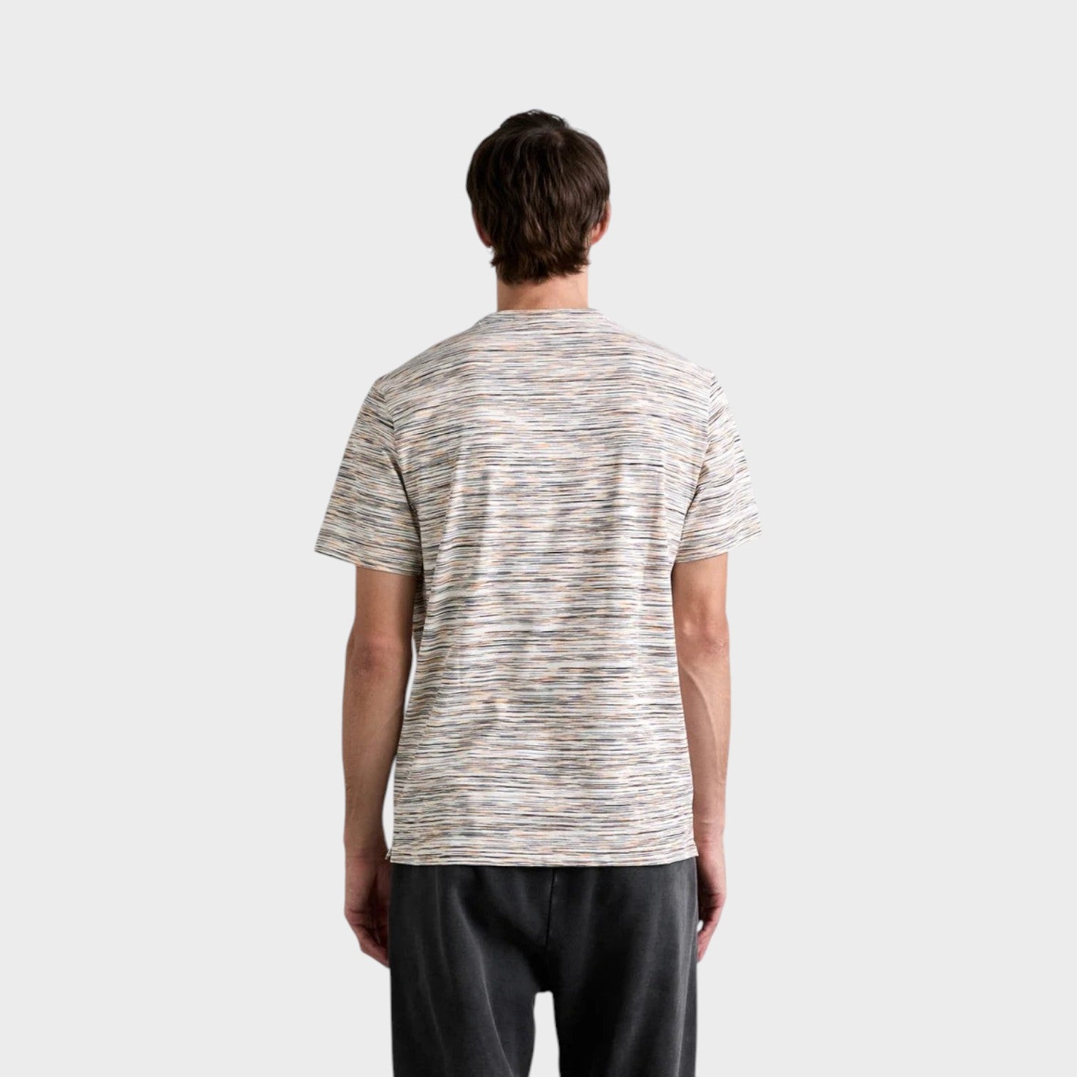 Back view of a man wearing a Supplied Fashion multi-coloured space-dyed cotton short-sleeve t-shirt