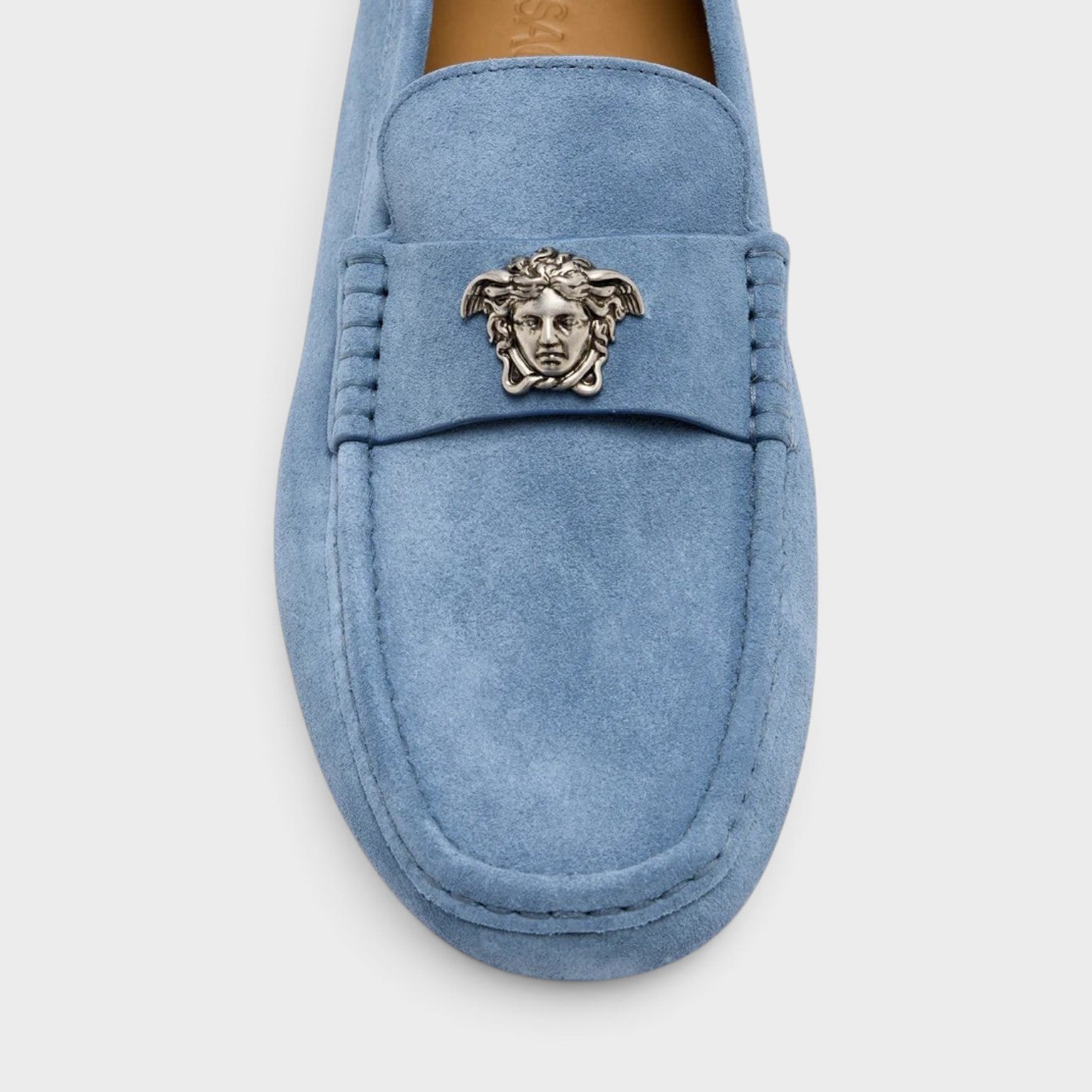 Supplied Fashion stone blue suede La Medusa driver loafers with silver metal emblem detail