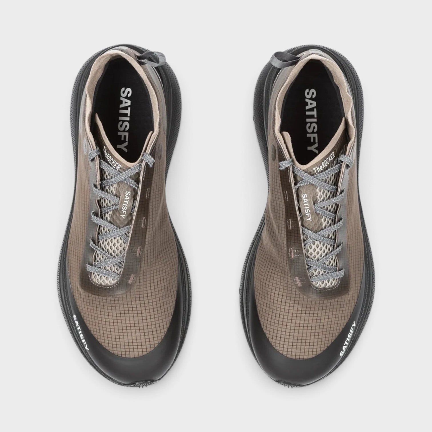 Supplied Fashion The Rocker sneakers in brown grid-pattern technical fabric with black rubber soles and grey laces.