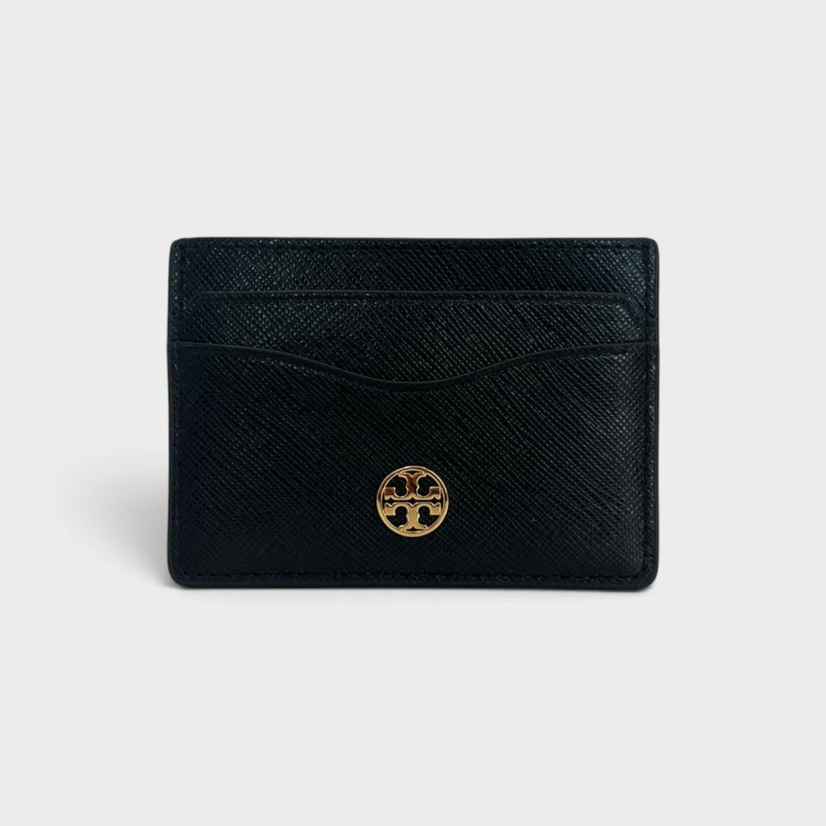 Supplied Fashion Tory Burch slim black leather card case with gold logo hardware and multiple card slots.