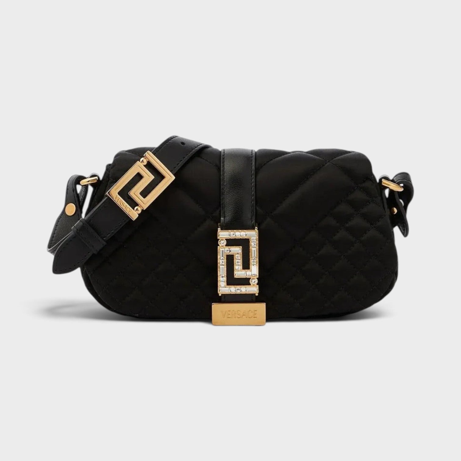 Supplied Fashion Versace black quilted leather shoulder bag with gold Greca motif hardware and adjustable strap