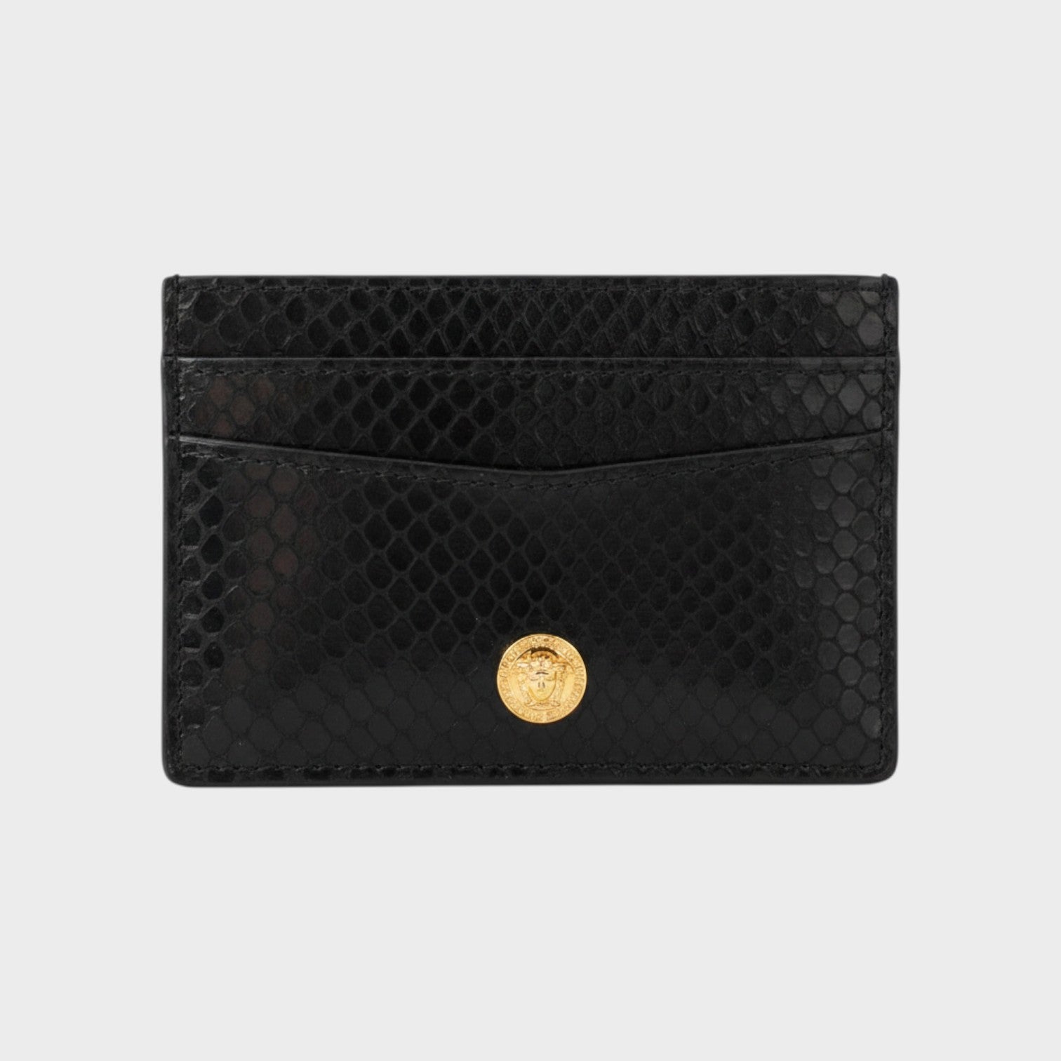 Supplied Fashion Versace Medusa Head cardholder in black snakeskin-embossed leather with a gold-tone logo emblem.