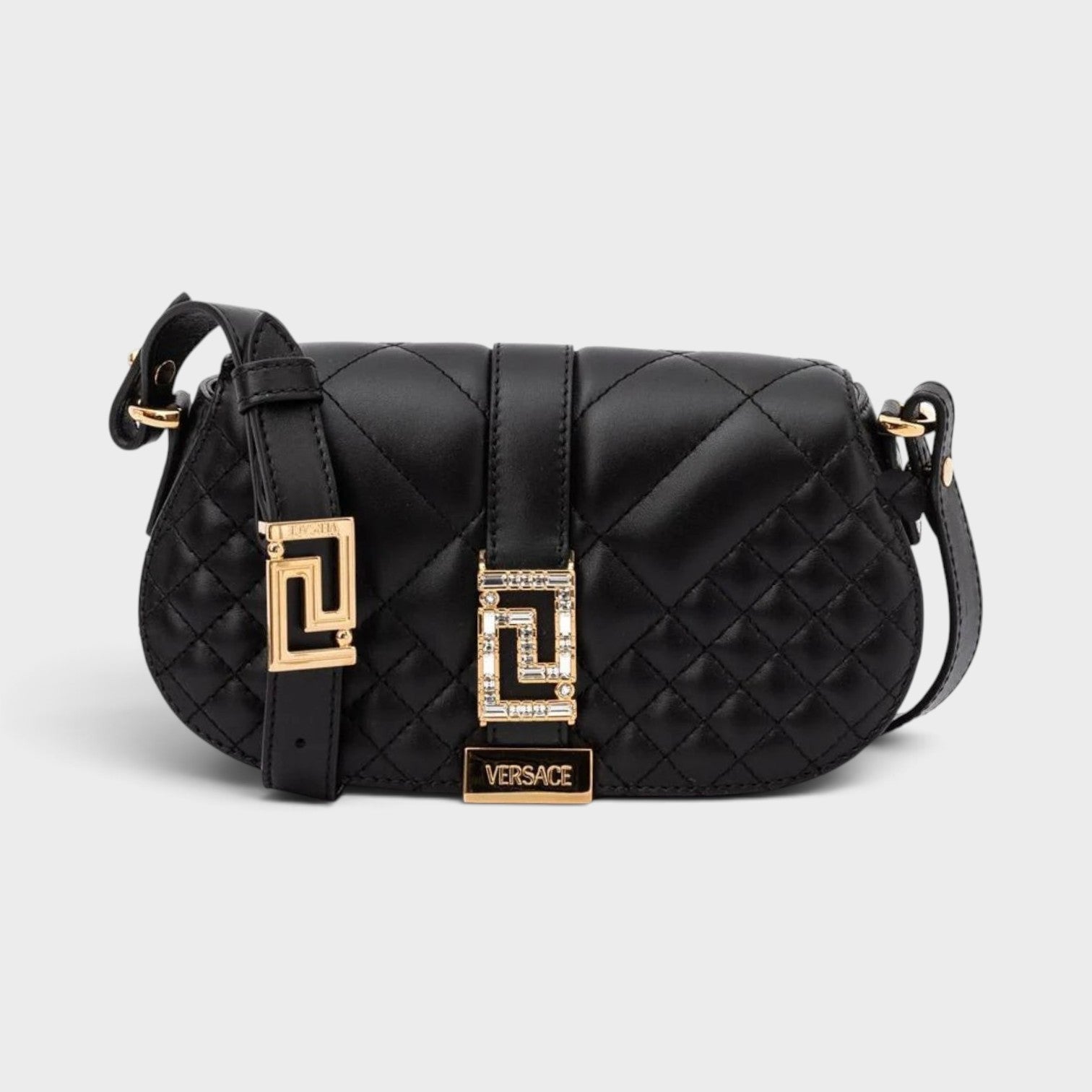 Supplied Fashion Versace black quilted leather shoulder bag with gold Greca motif hardware and adjustable strap.