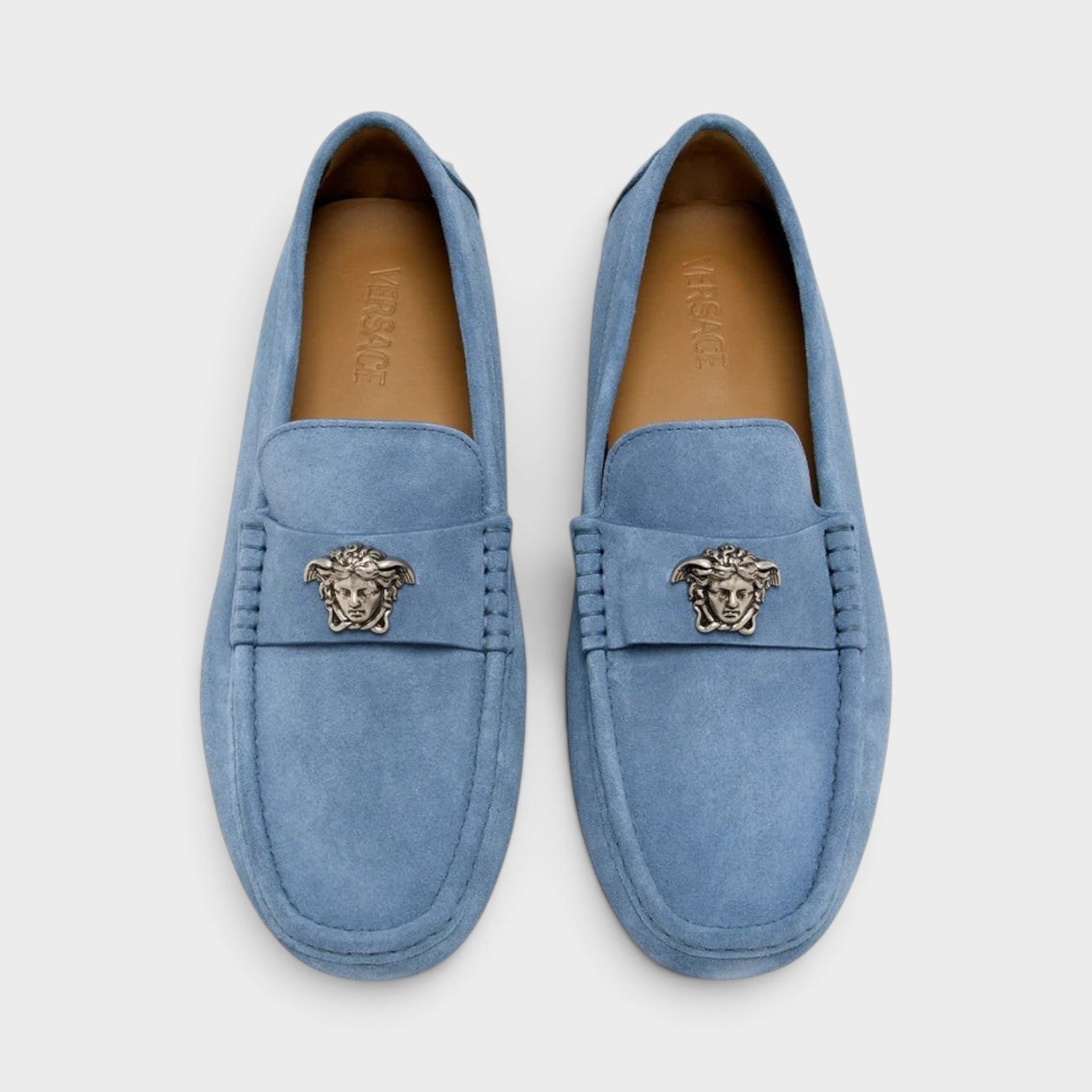 Supplied Fashion Versace La Medusa stone blue suede leather driver loafers with silver emblem