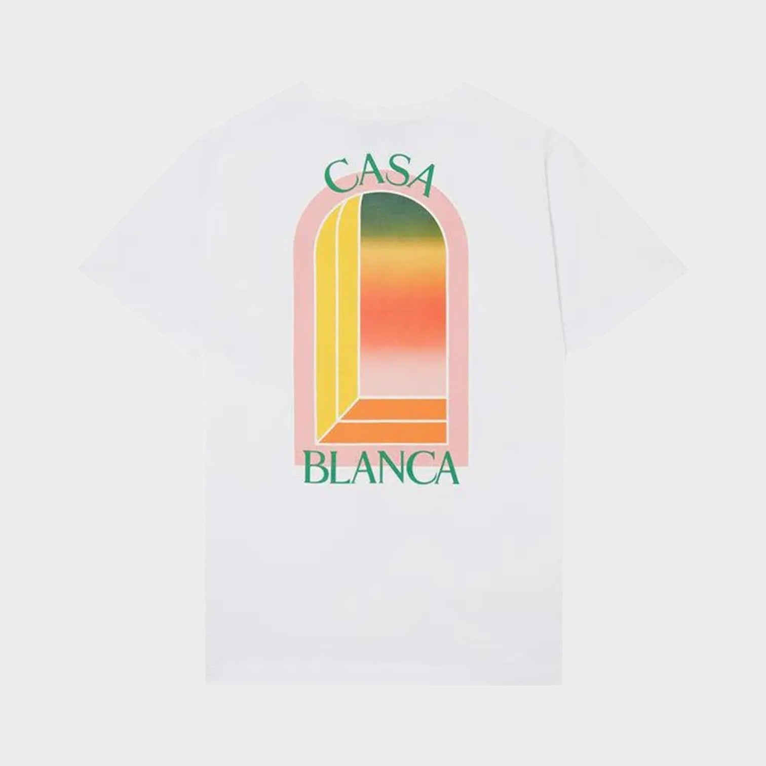 Supplied Fashion white short sleeve t-shirt featuring a colourful gradient arch graphic on the back