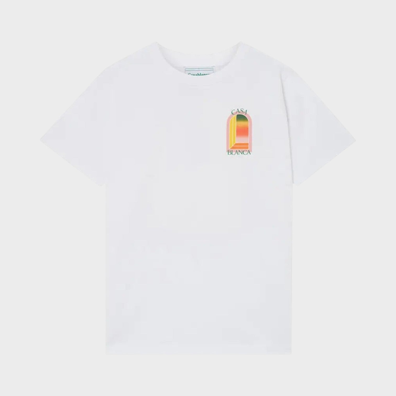 Supplied Fashion white short sleeve t-shirt featuring a small, colourful gradient L'Arche arch logo on the chest.