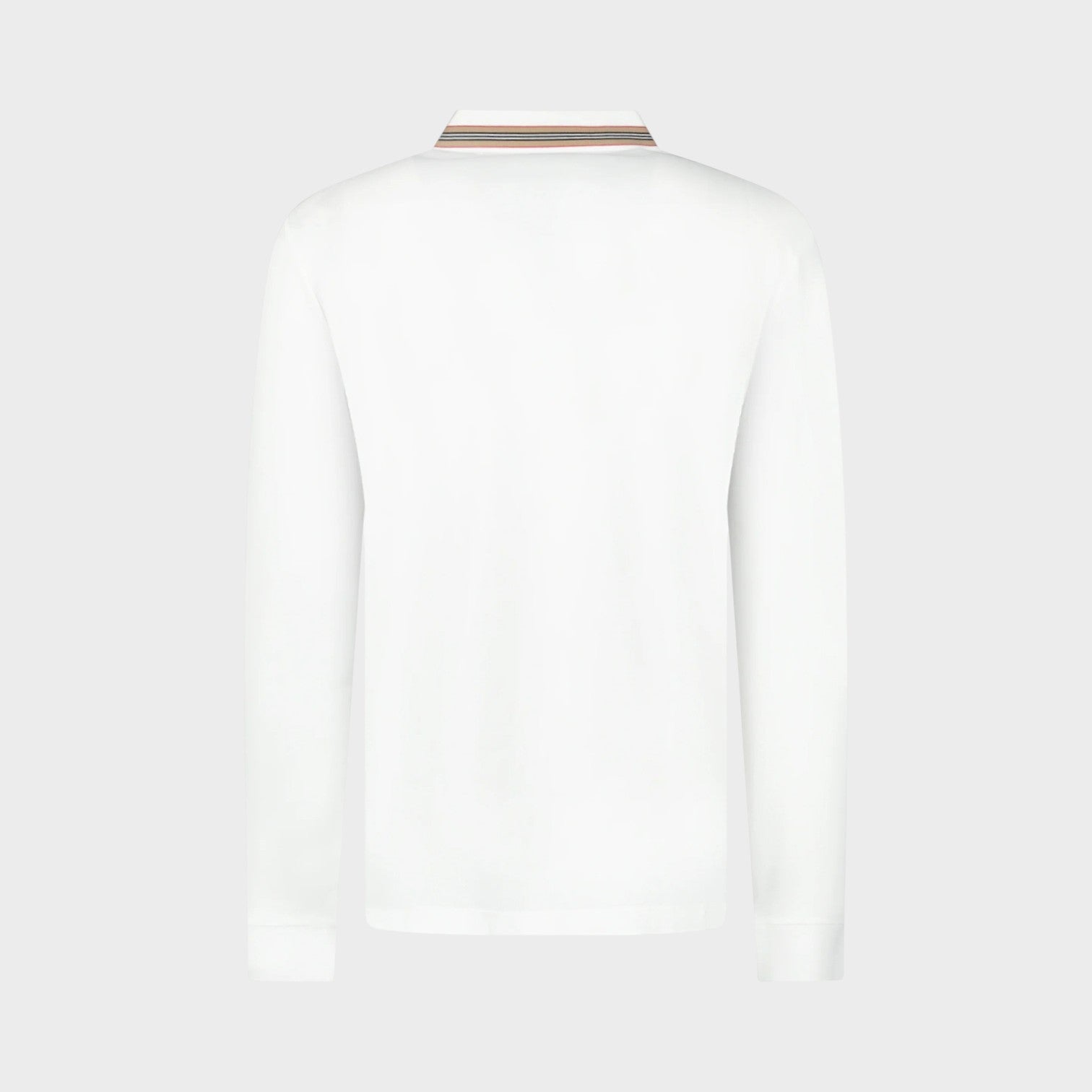 Back view of a Supplied Fashion white long-sleeve polo shirt featuring a striped collar detail.