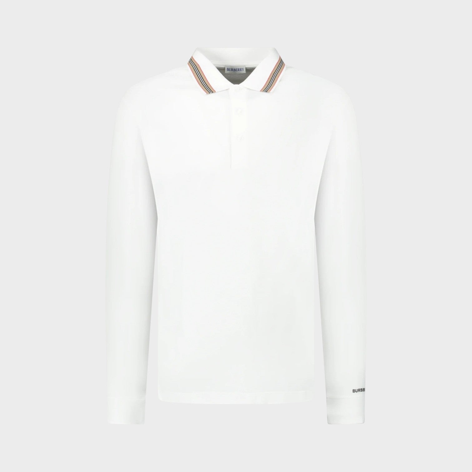 Supplied Fashion white long-sleeve polo shirt featuring a signature Burberry stripe and check collar detail.